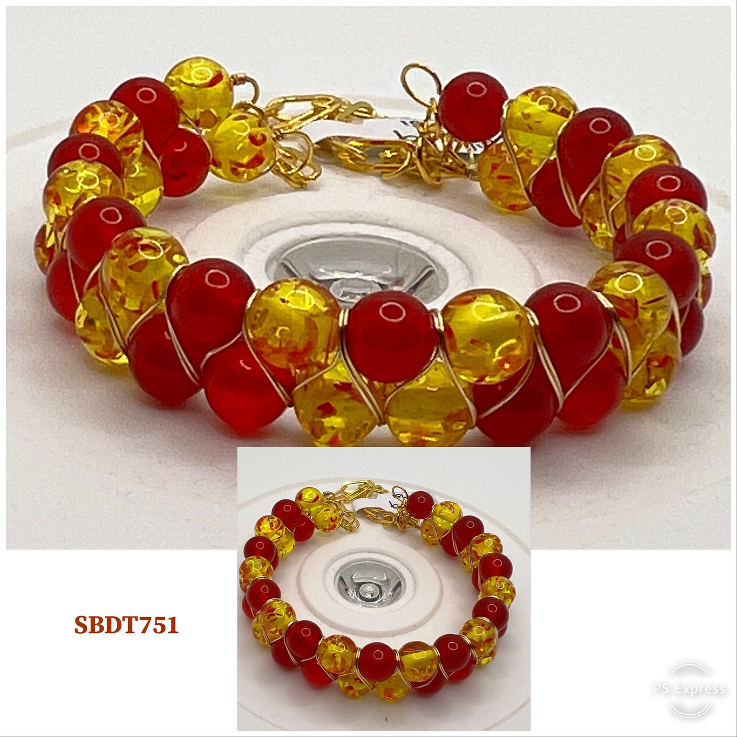 Carnelien and Yellow Crackle Double-layered Cuff Bracelet with gold chain