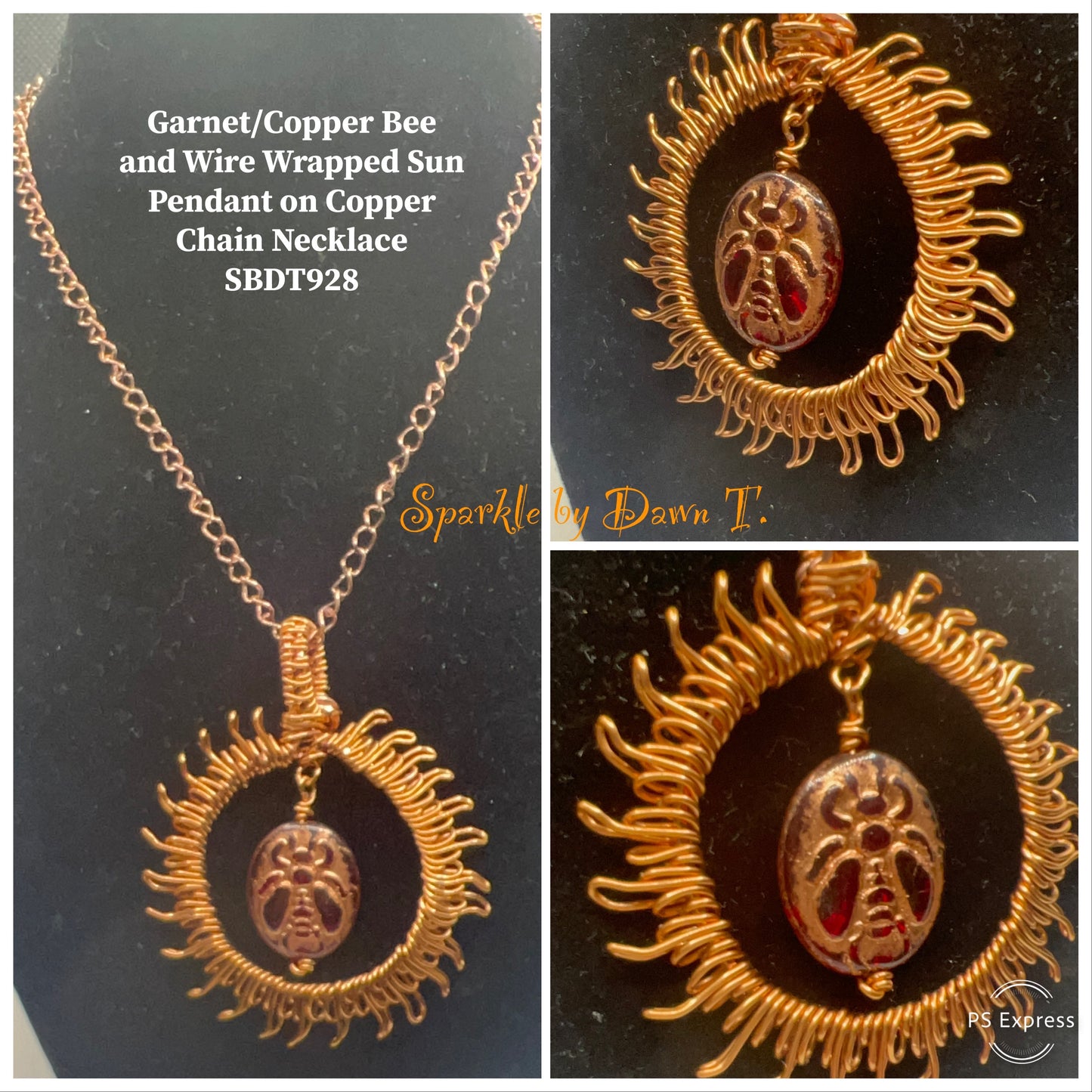 Garnet/Copper Bee and Wire-Wrapped Sun Pendant Necklace