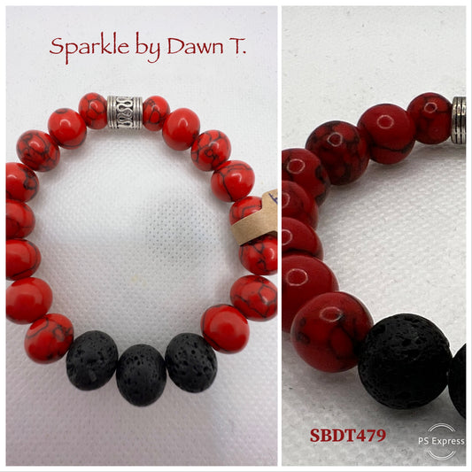 Red and black crackle beads with black lava beads stretch bracelet