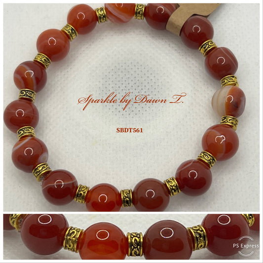 Orange Banded Agate 10mm Beads with Golden Spacers Stretch Bracelet