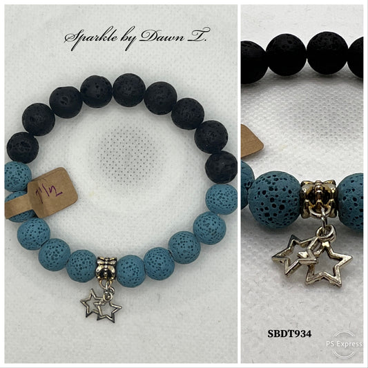 Carolina Blue and Black Lava Bead Stretch Bracelet