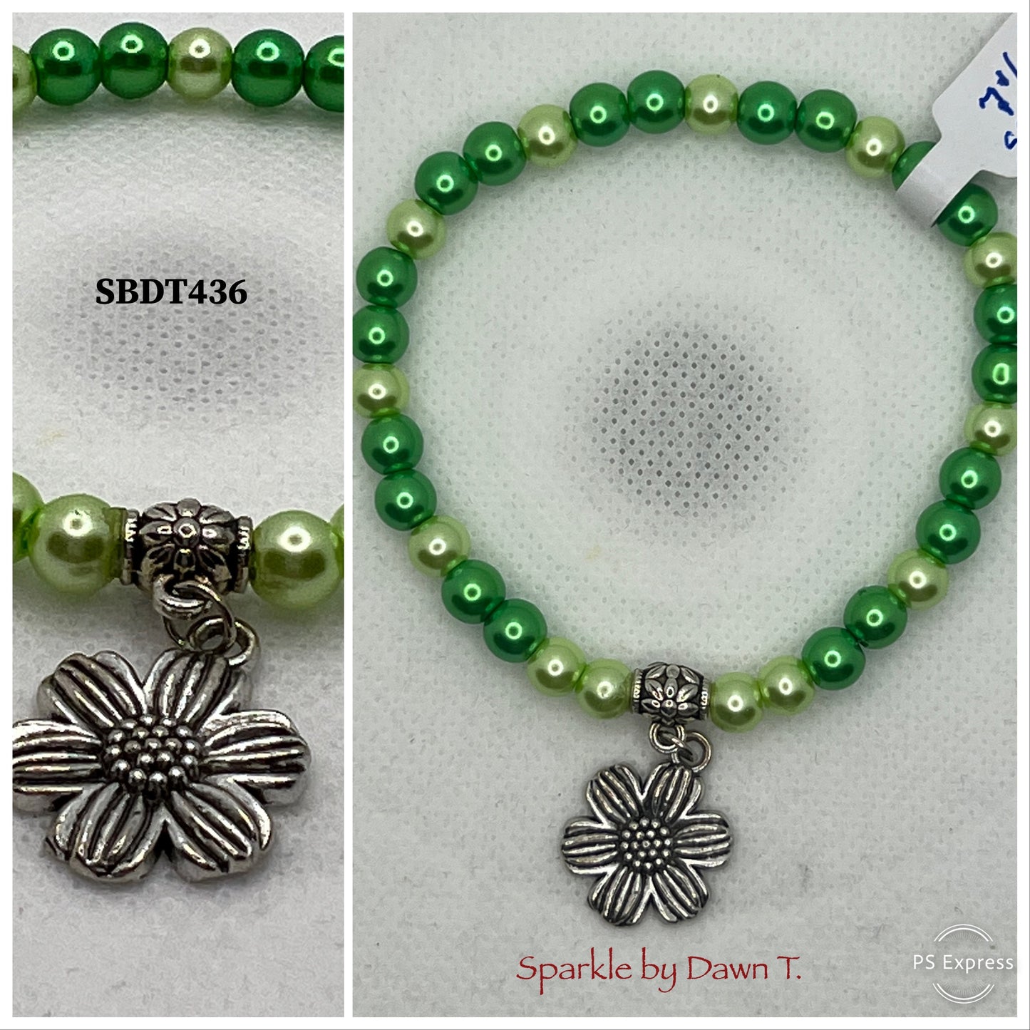 Light and Medium Green Pearl Stretch Bracelet with Flower