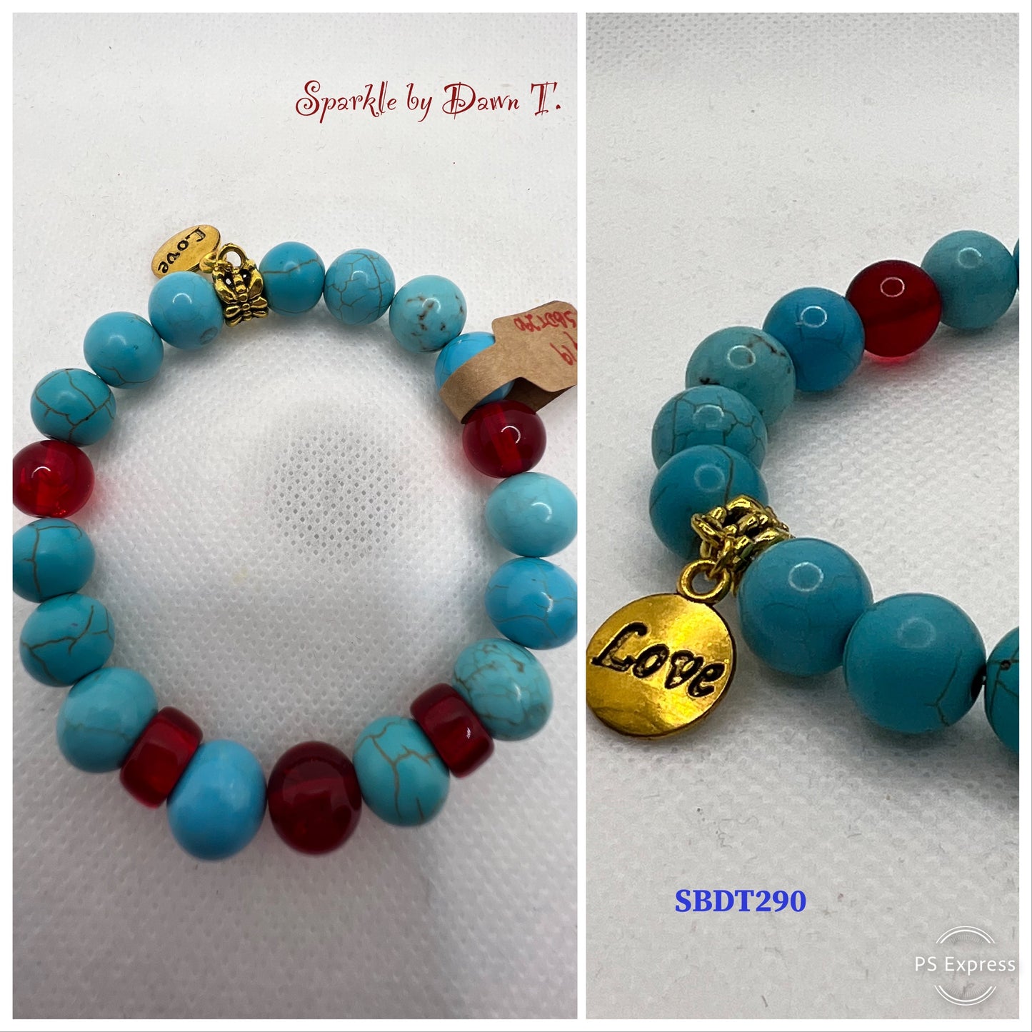 Turquoise with red beads and love pendant stretch bracelet