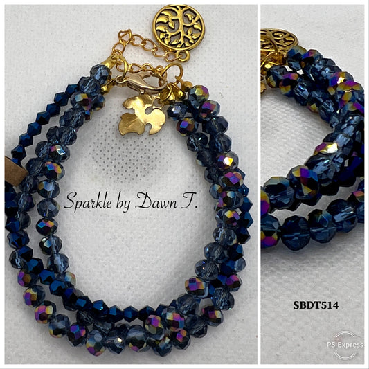 Triple-strand Royal Blue with Crystal Shimmer Golden Tree of Life Pendant and leaf Bracelet