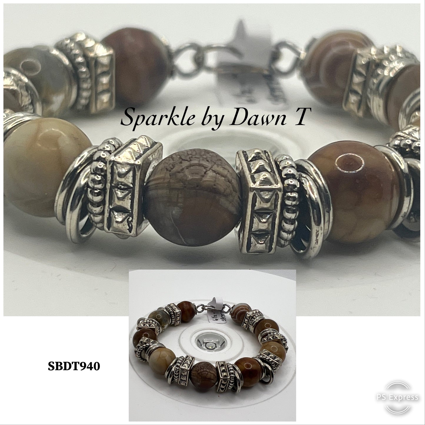 Tan Speckled and Striped Large beads and Silver Beaded Bangle