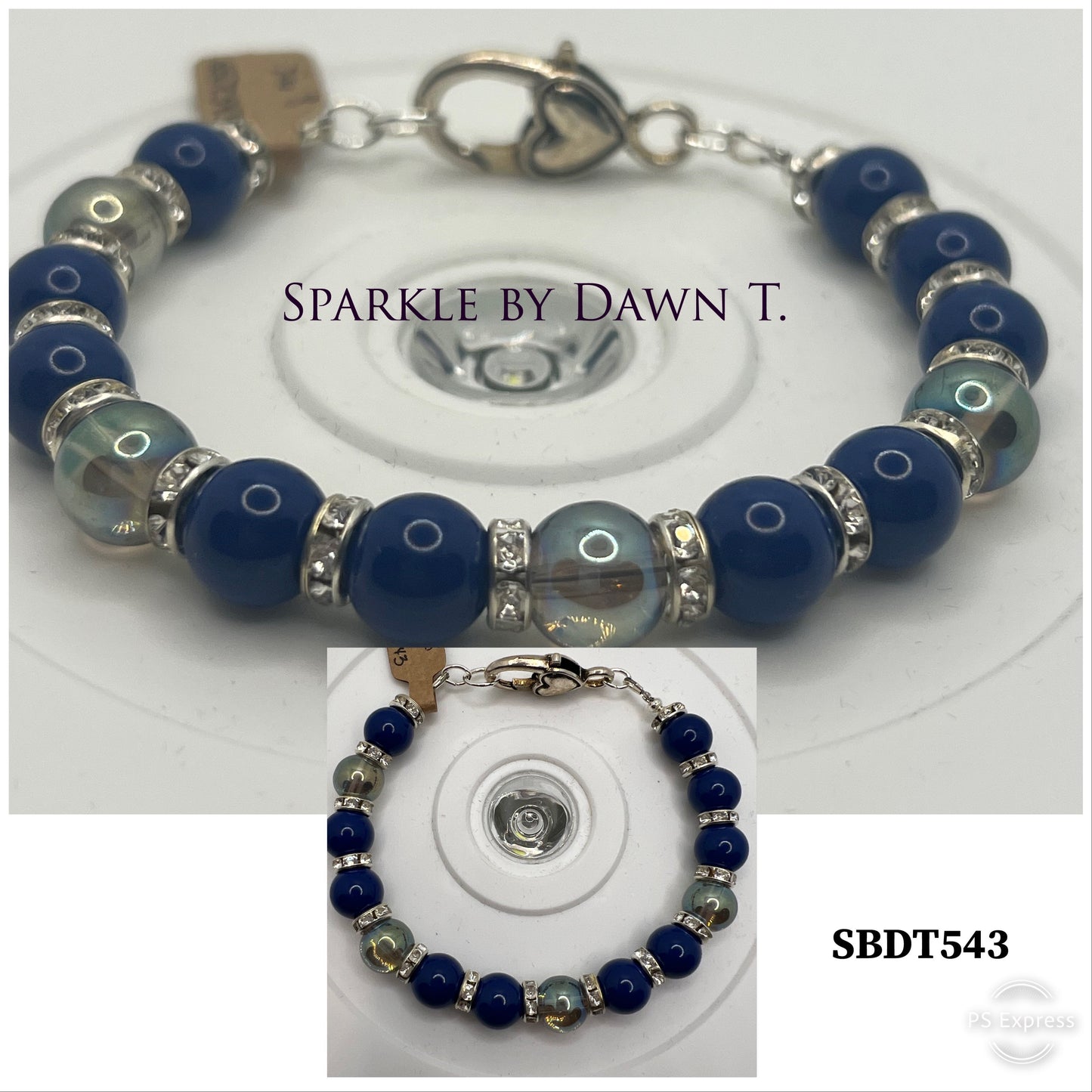 Blue Ombre and Royal Blue Preciosa Beaded Bling Bracelet with heart clasp