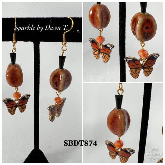 Fall Butterfly Crystal and Deco Bead Earrings - Peach, Orange, Black, Gold, Silver