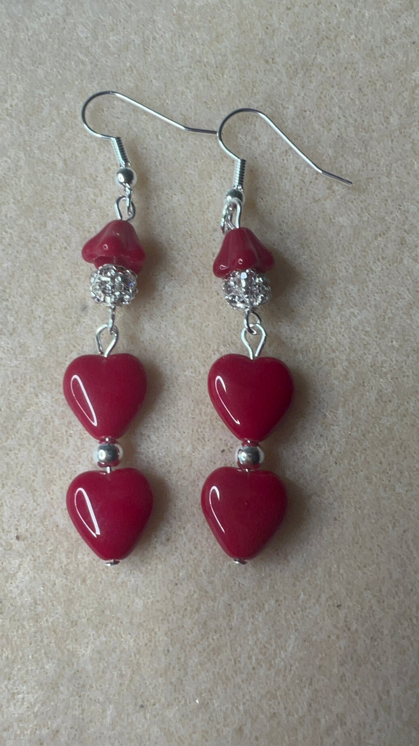 Long Double-Heart Deep Red Earrings with Bling bead