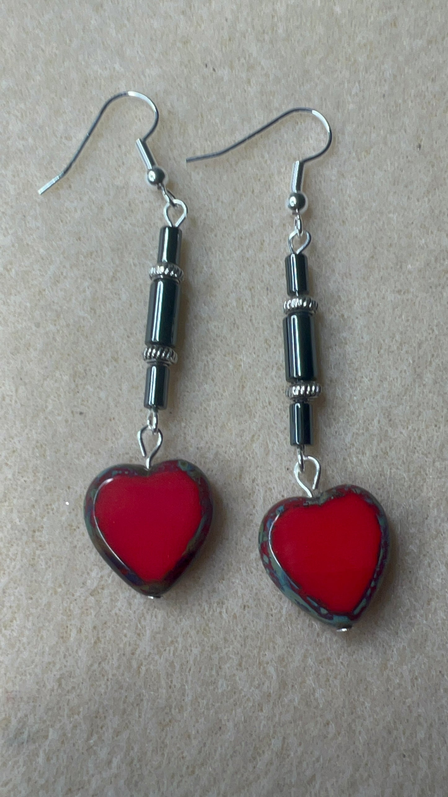 Red Hearts with Hematite Long Dangle Earrings