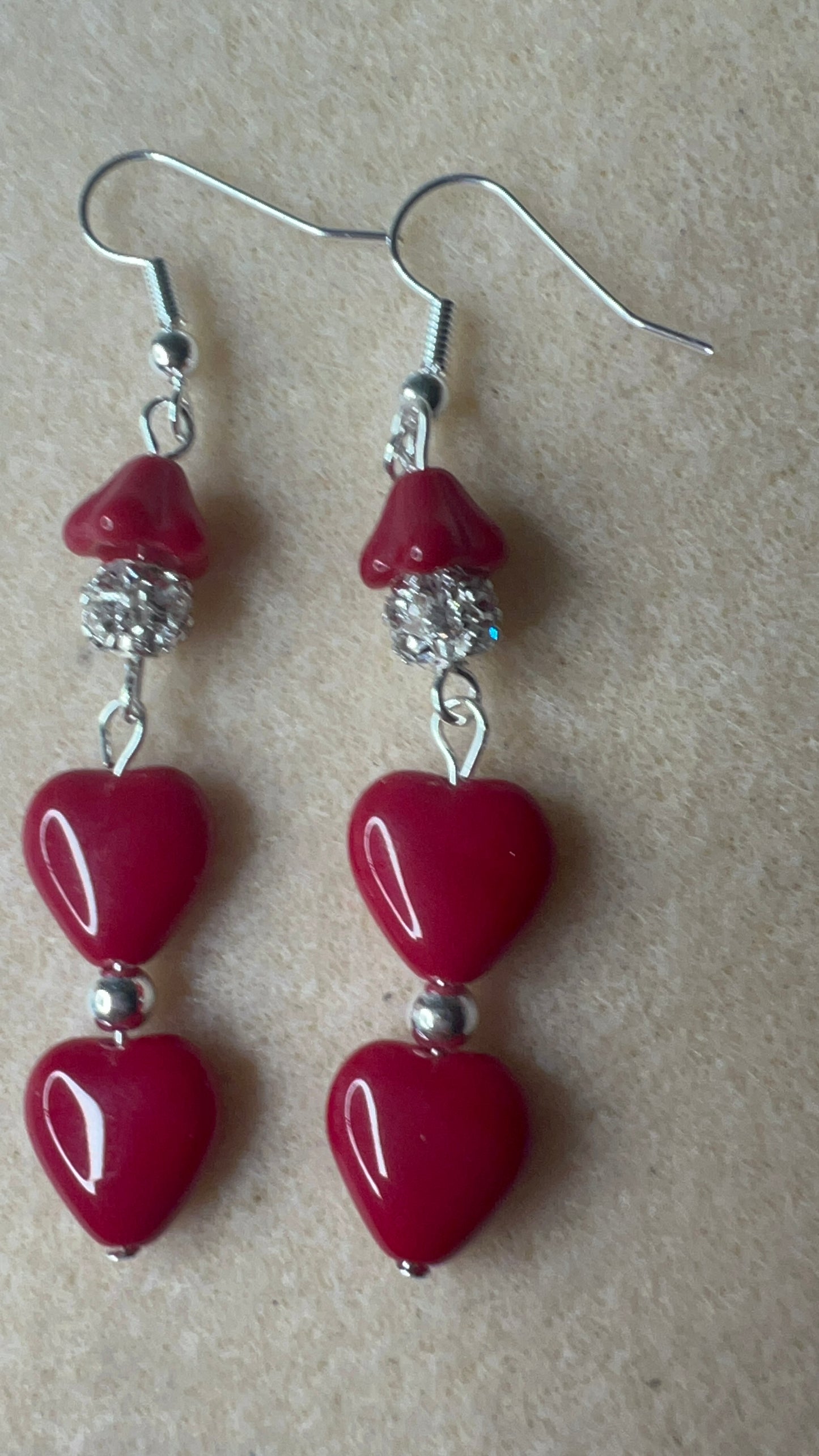 Long Double-Heart Deep Red Earrings with Bling bead