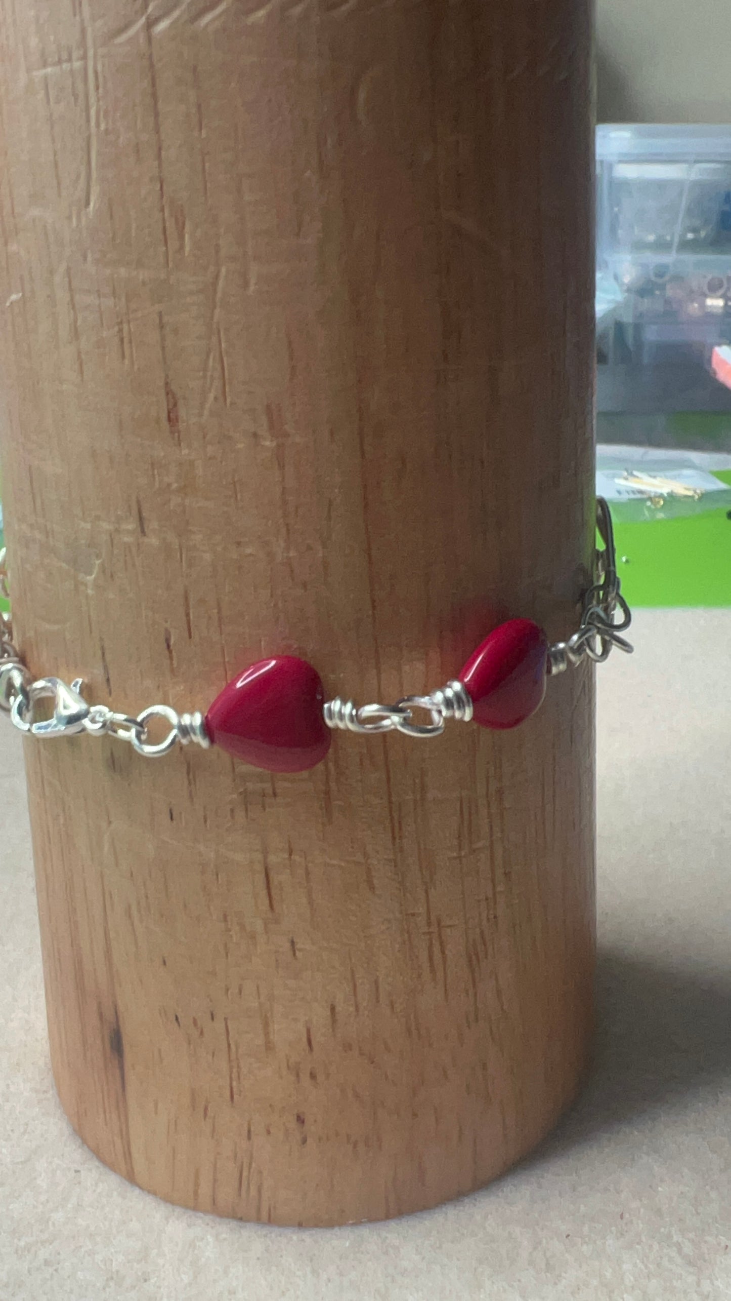 Wire-crafted multi-heart bracelet with Red Czech Glass hearts bracelet