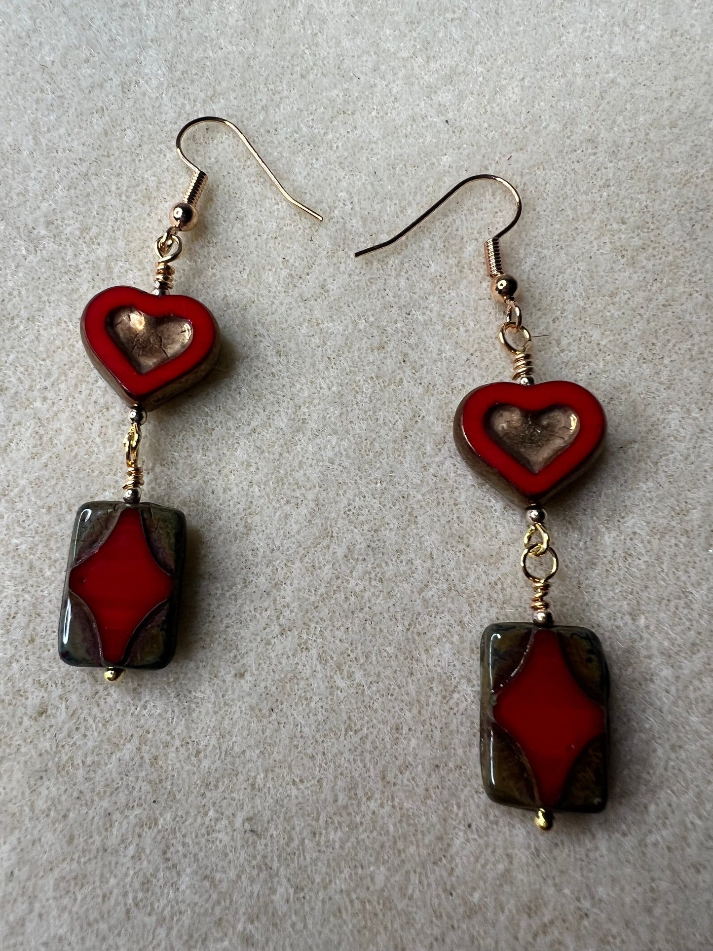 Red and Bronze Heart with Rectangle Czech Glass and Bronze with gold earrings