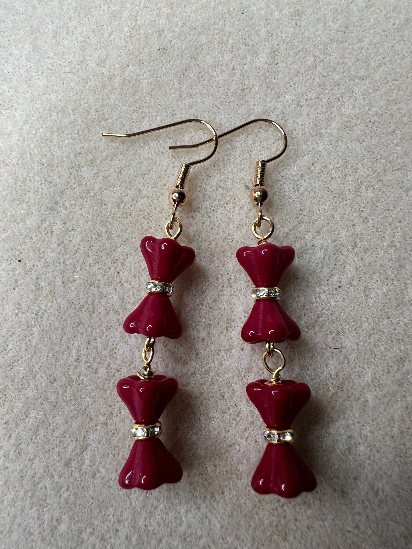 Deep Red Tulip Earrings with Gold Bling