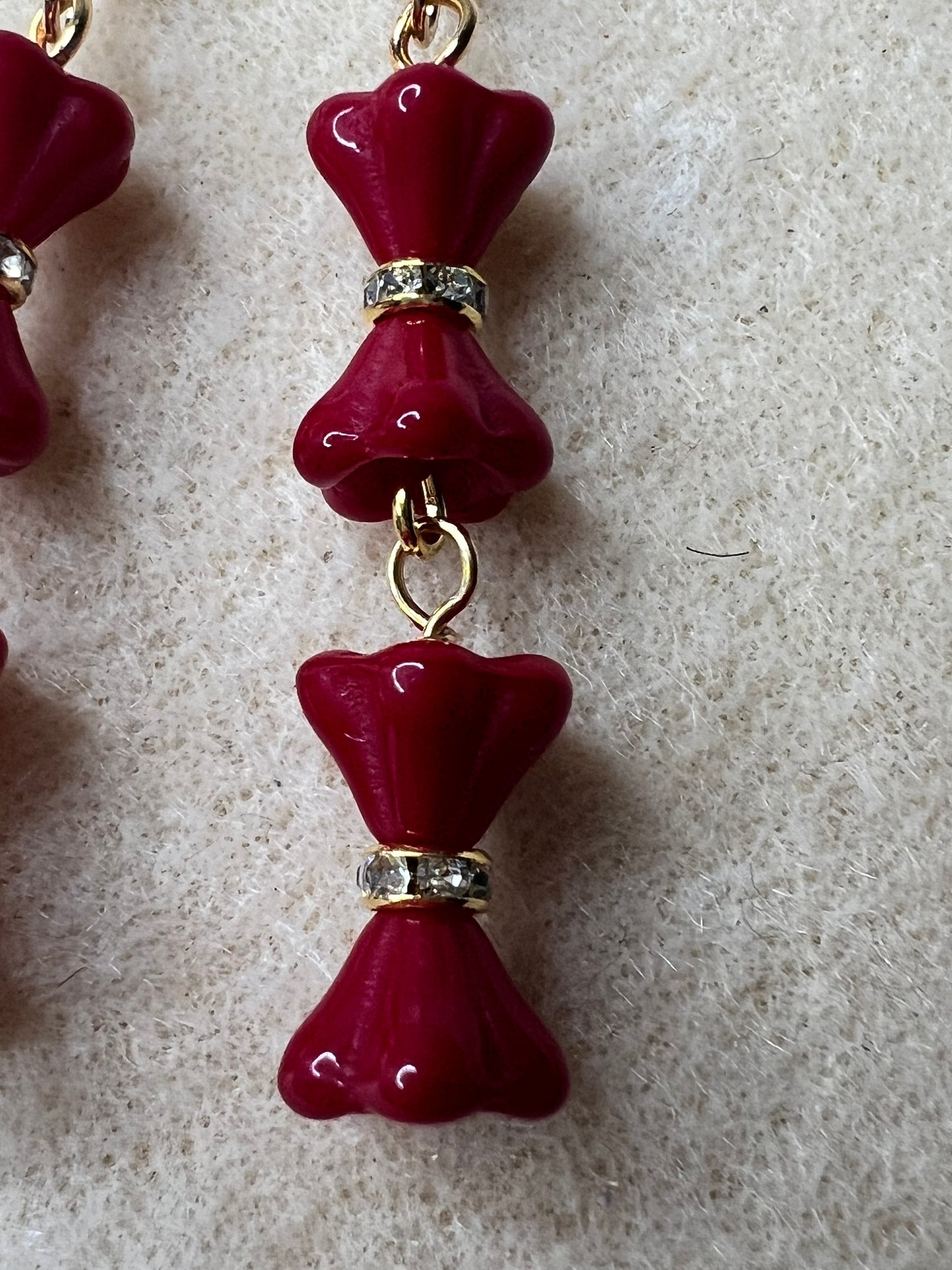 Deep Red Tulip Earrings with Gold Bling