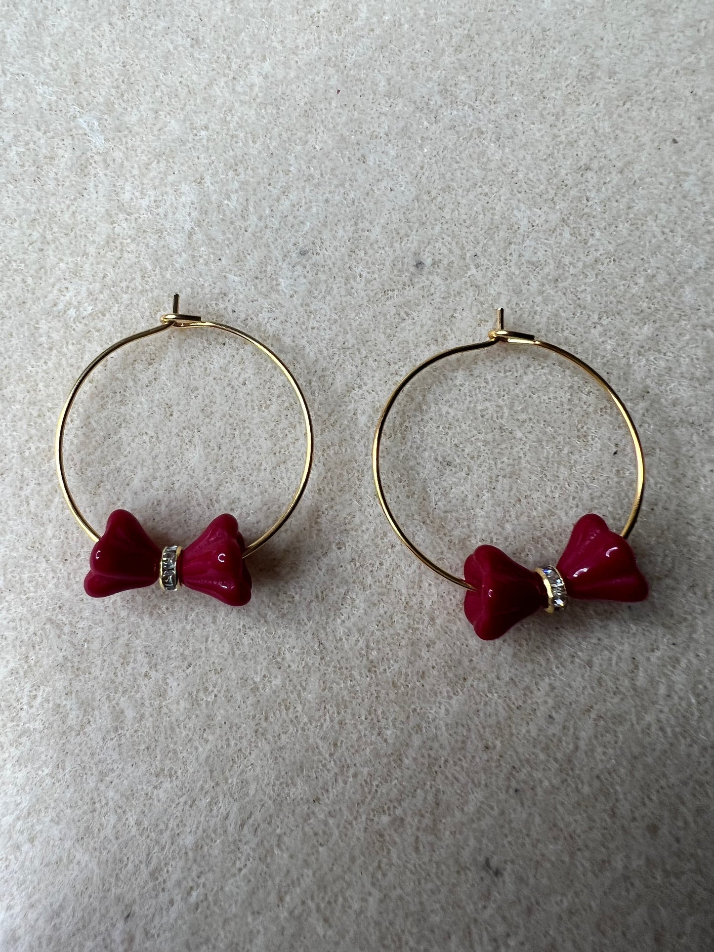 Deep Red Tulip gold hoop Earrings with gold bling