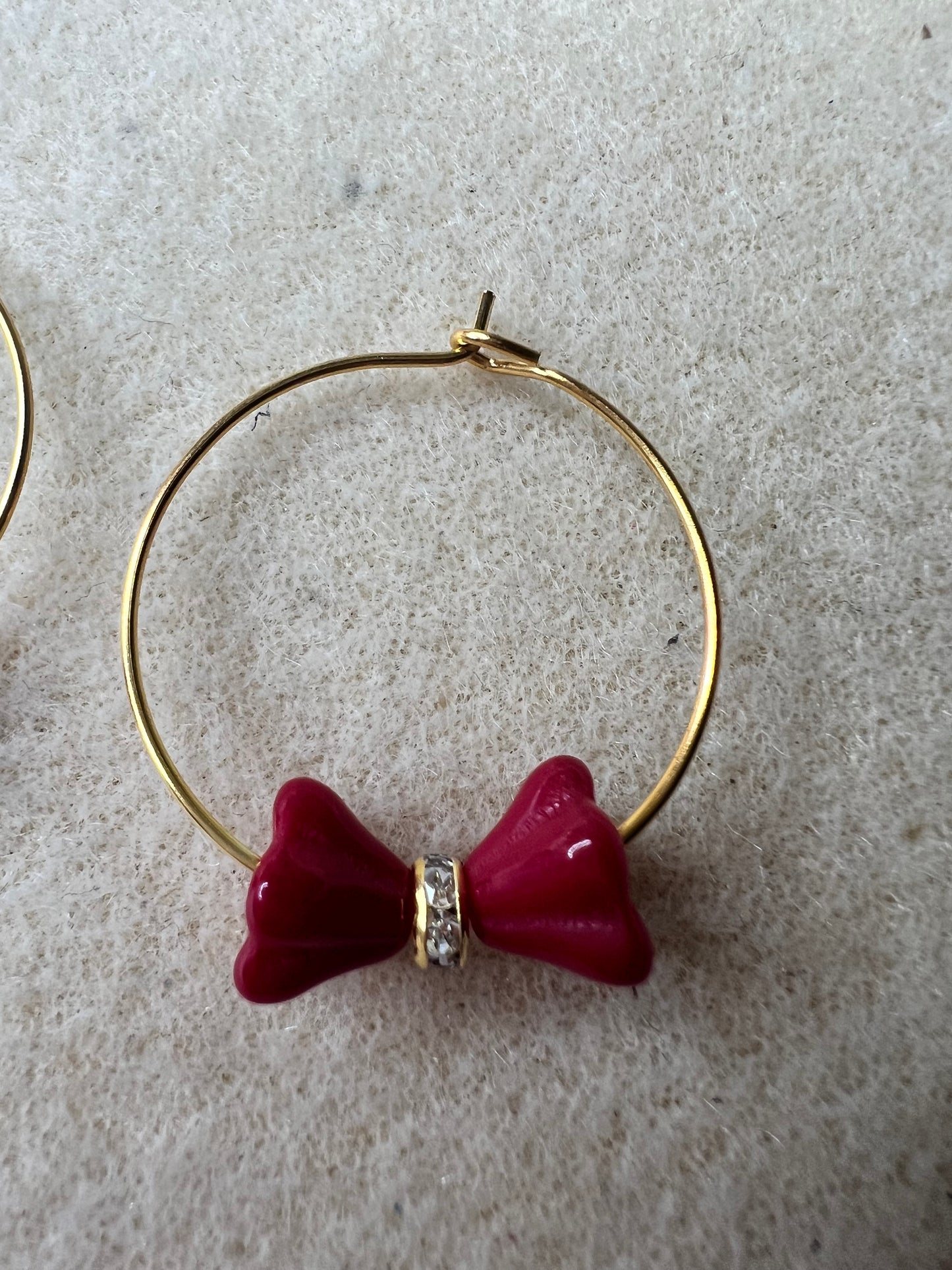 Deep Red Tulip gold hoop Earrings with gold bling