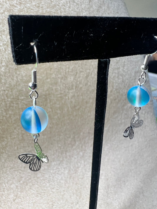 Blue Mermaid glass with Butterfly Earrings