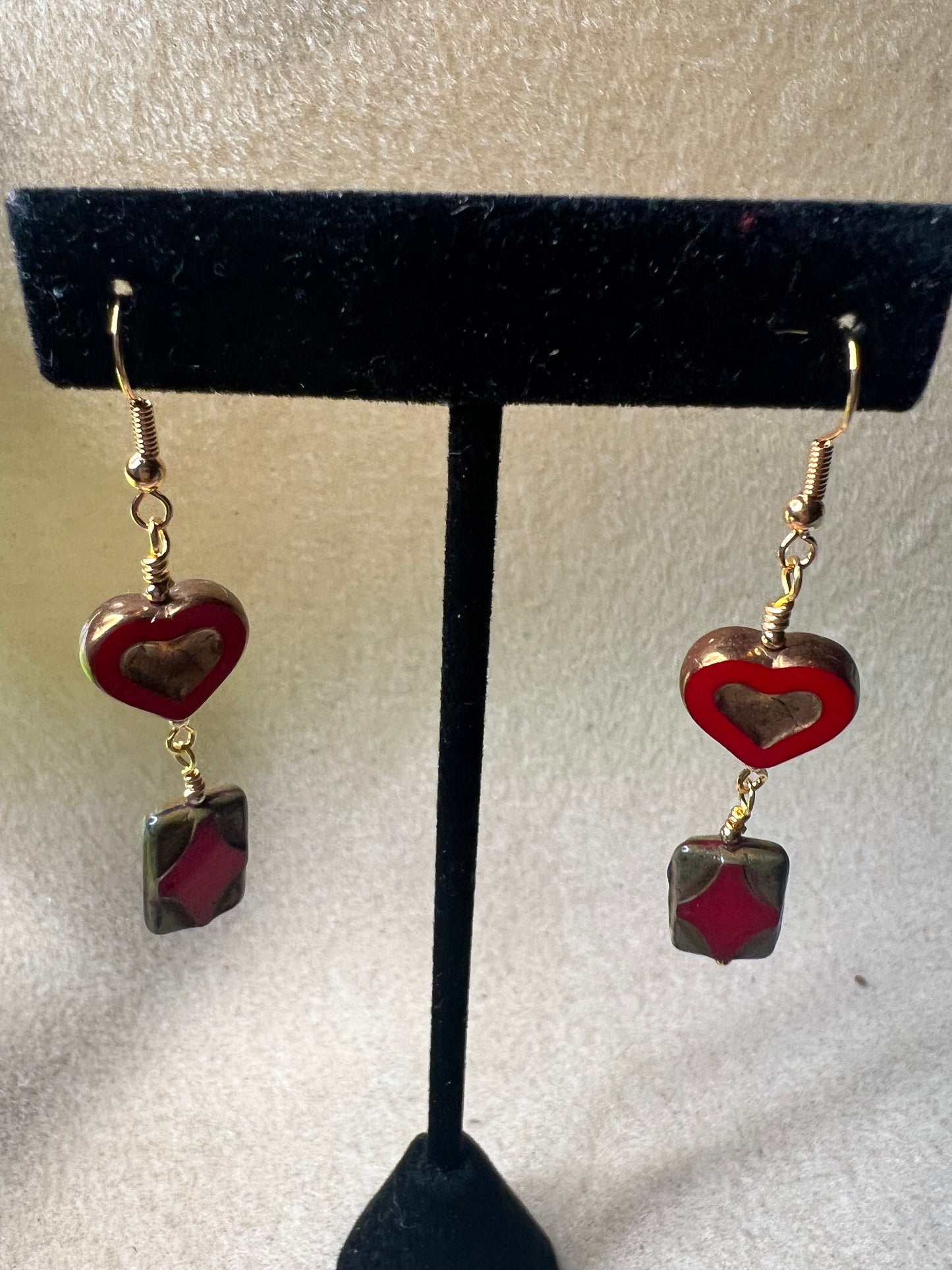 Red and Bronze Heart with Rectangle Czech Glass and Bronze with gold earrings