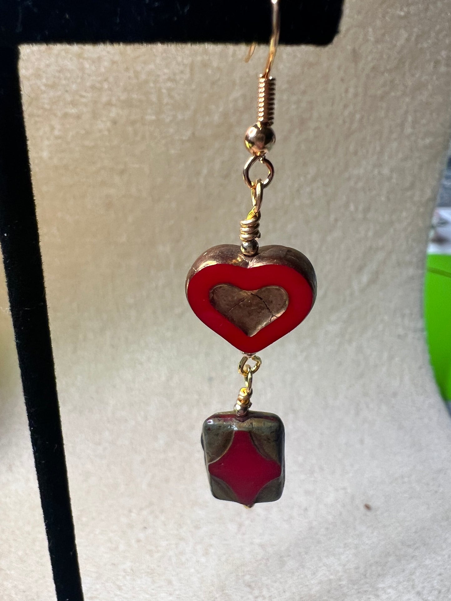 Red and Bronze Heart with Rectangle Czech Glass and Bronze with gold earrings