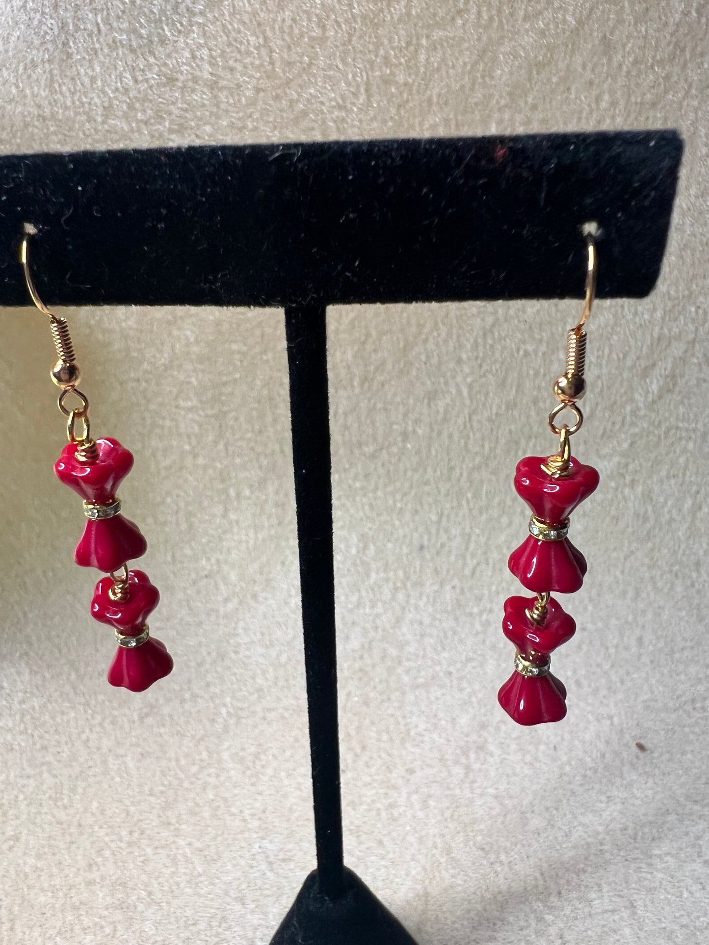 Deep Red Tulip Earrings with Gold Bling