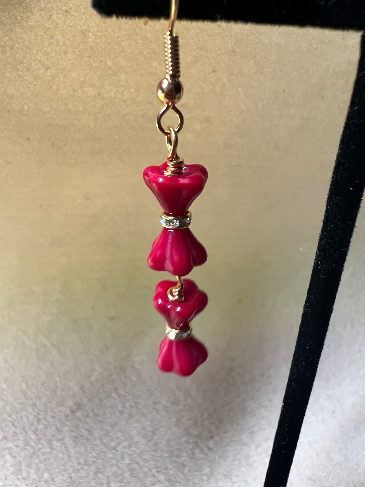 Deep Red Tulip Earrings with Gold Bling