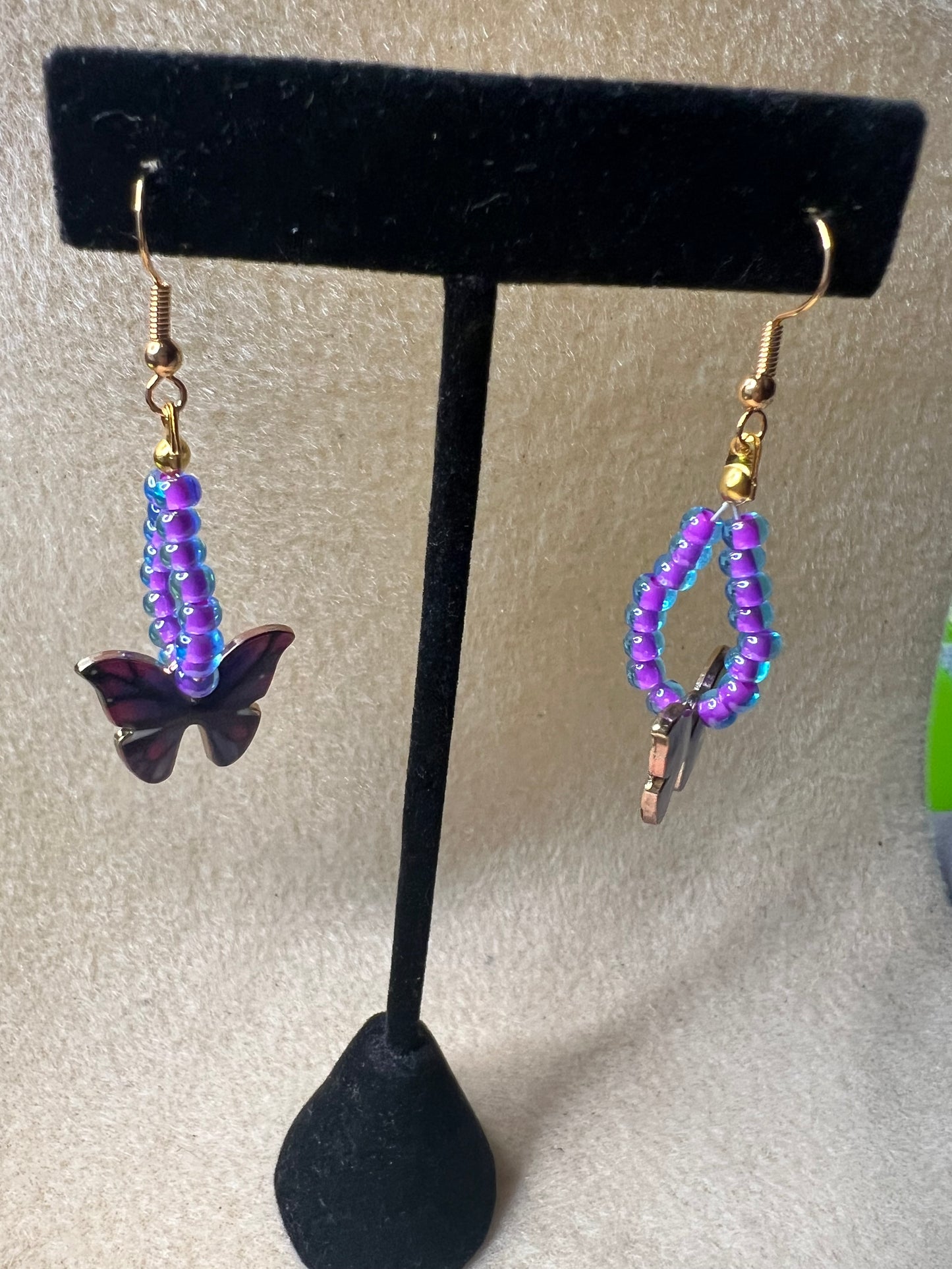 Purple/Pink/Black/Gold butterfly earrings with Purple Beads (Gold)