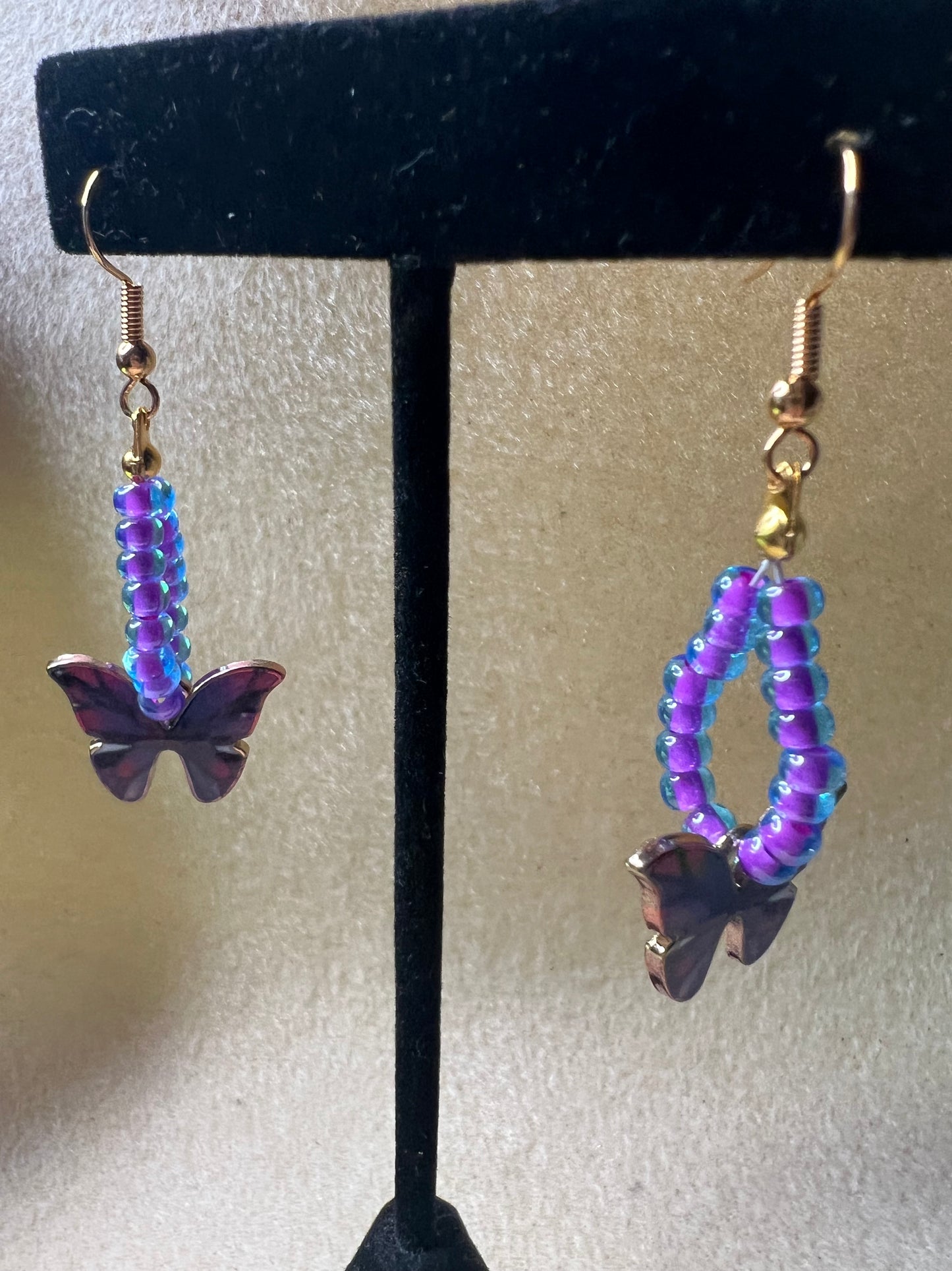 Purple/Pink/Black/Gold butterfly earrings with Purple Beads (Gold)