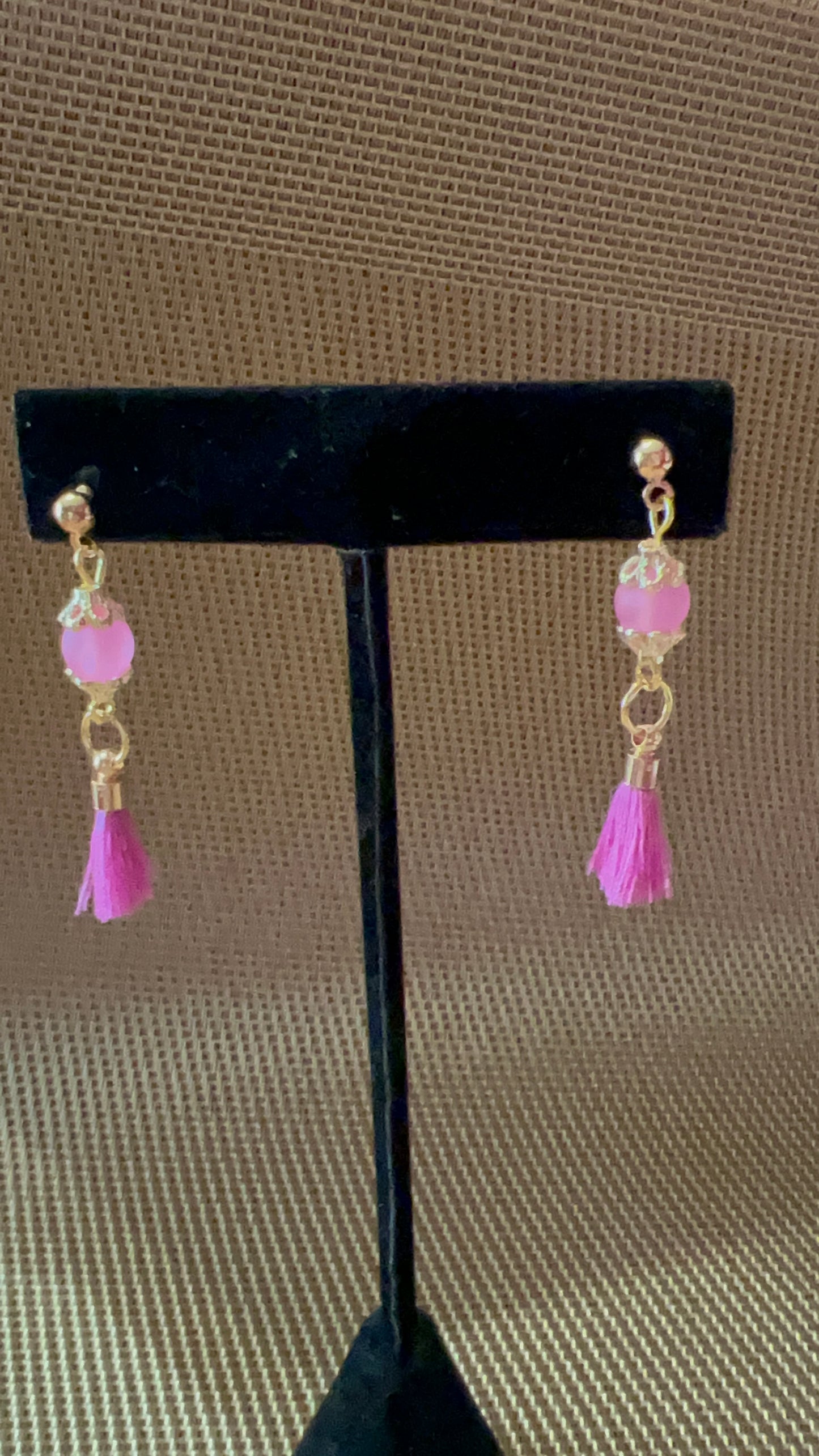 Pink and Gold Earrings with Pink Fringe Post Earrings