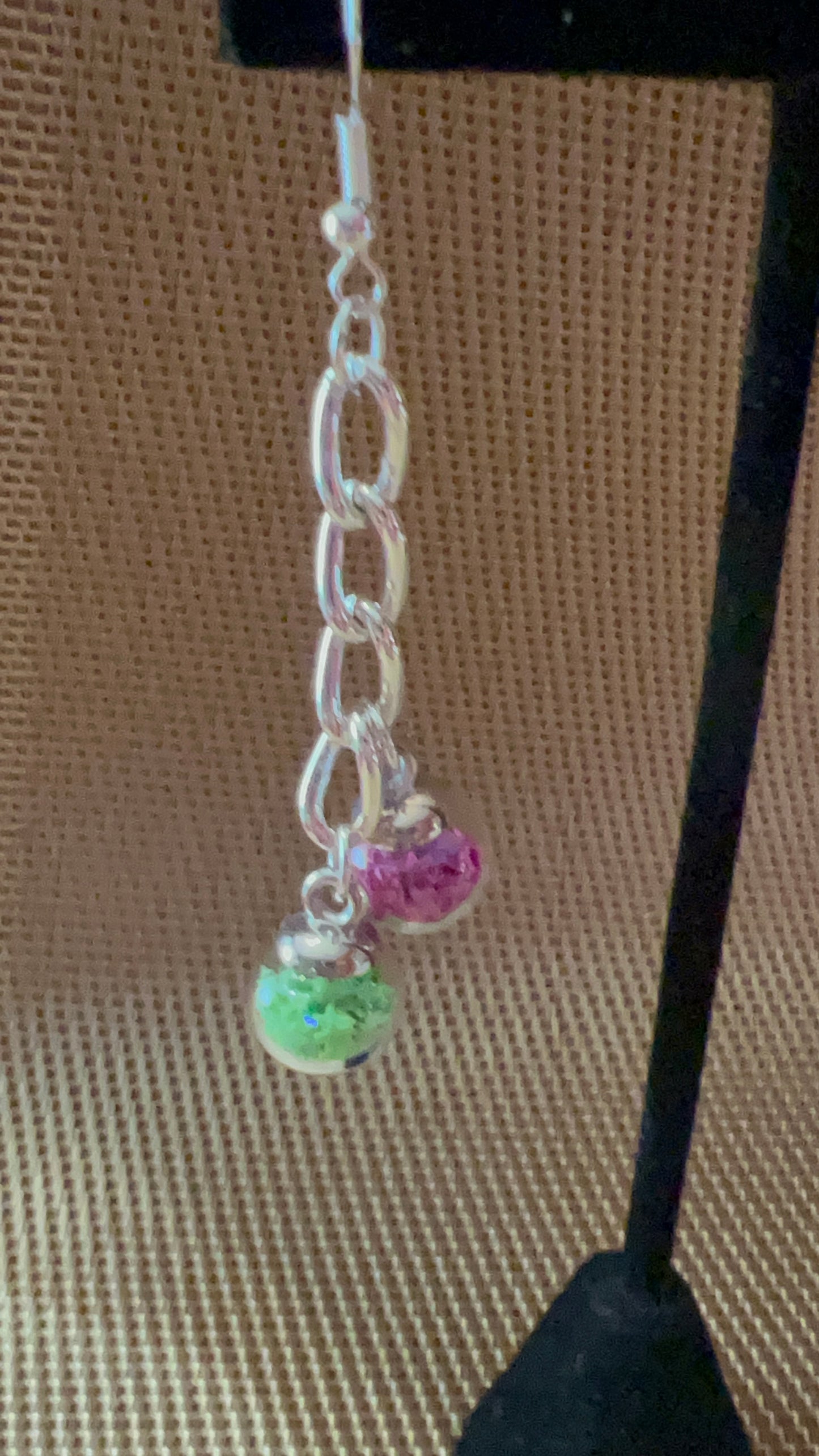 Pink and Green Star Filled Beads with Silver Chain Earrings