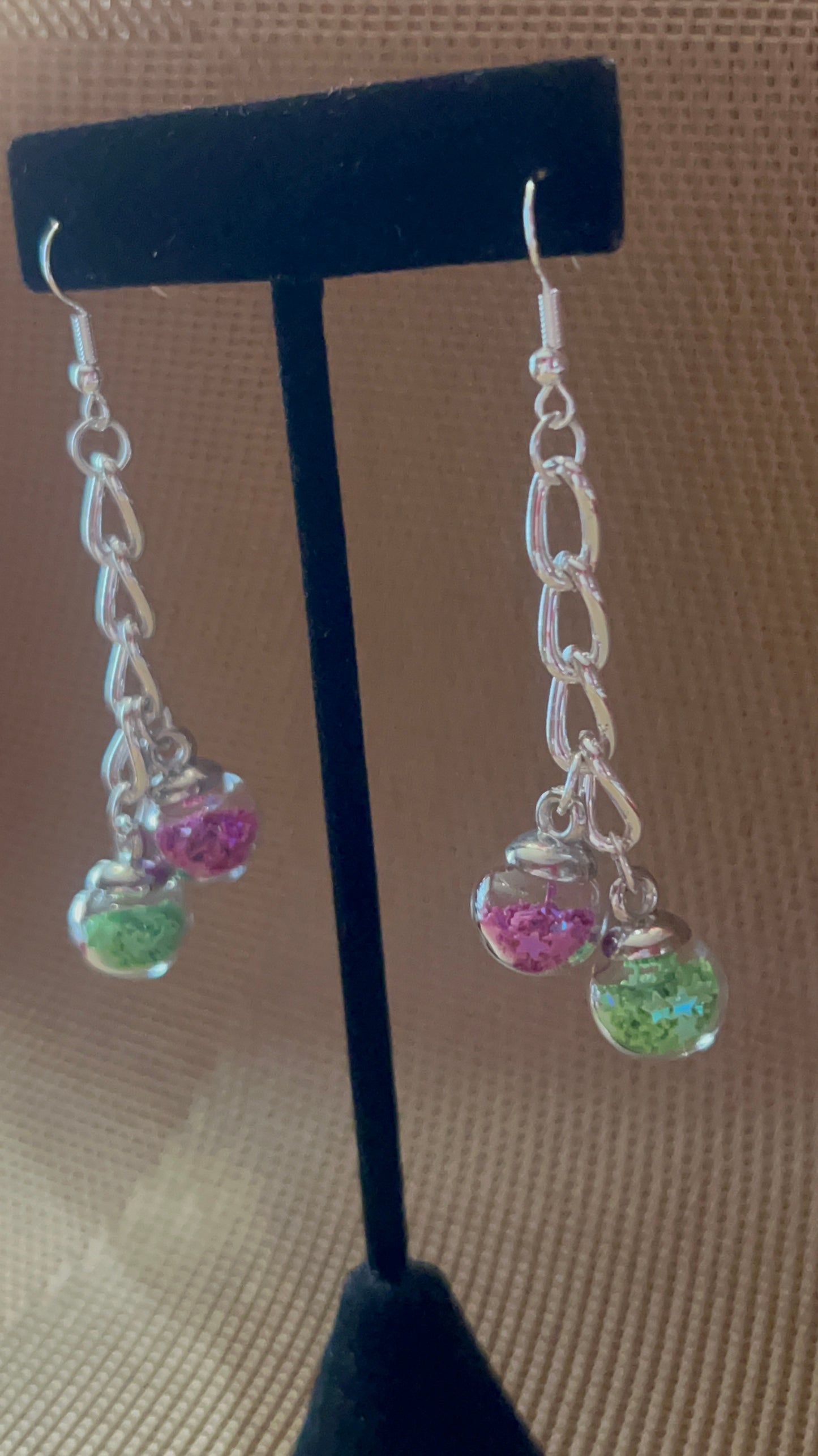 Pink and Green Star Filled Beads with Silver Chain Earrings