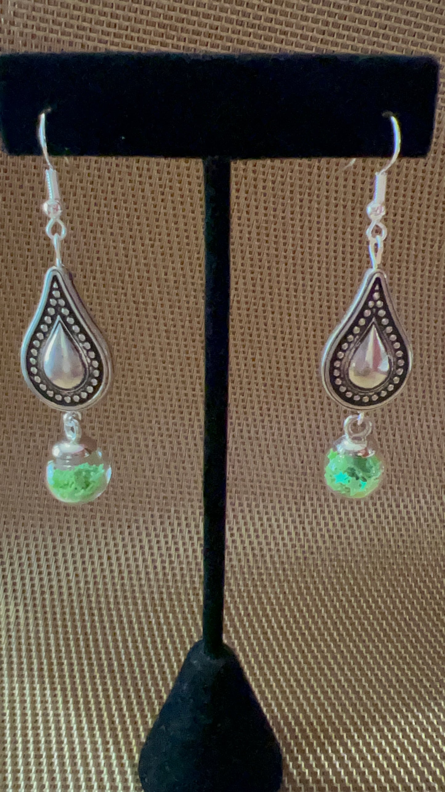 Green Star Filled Beads with Antique Silver Teardrop Earrings