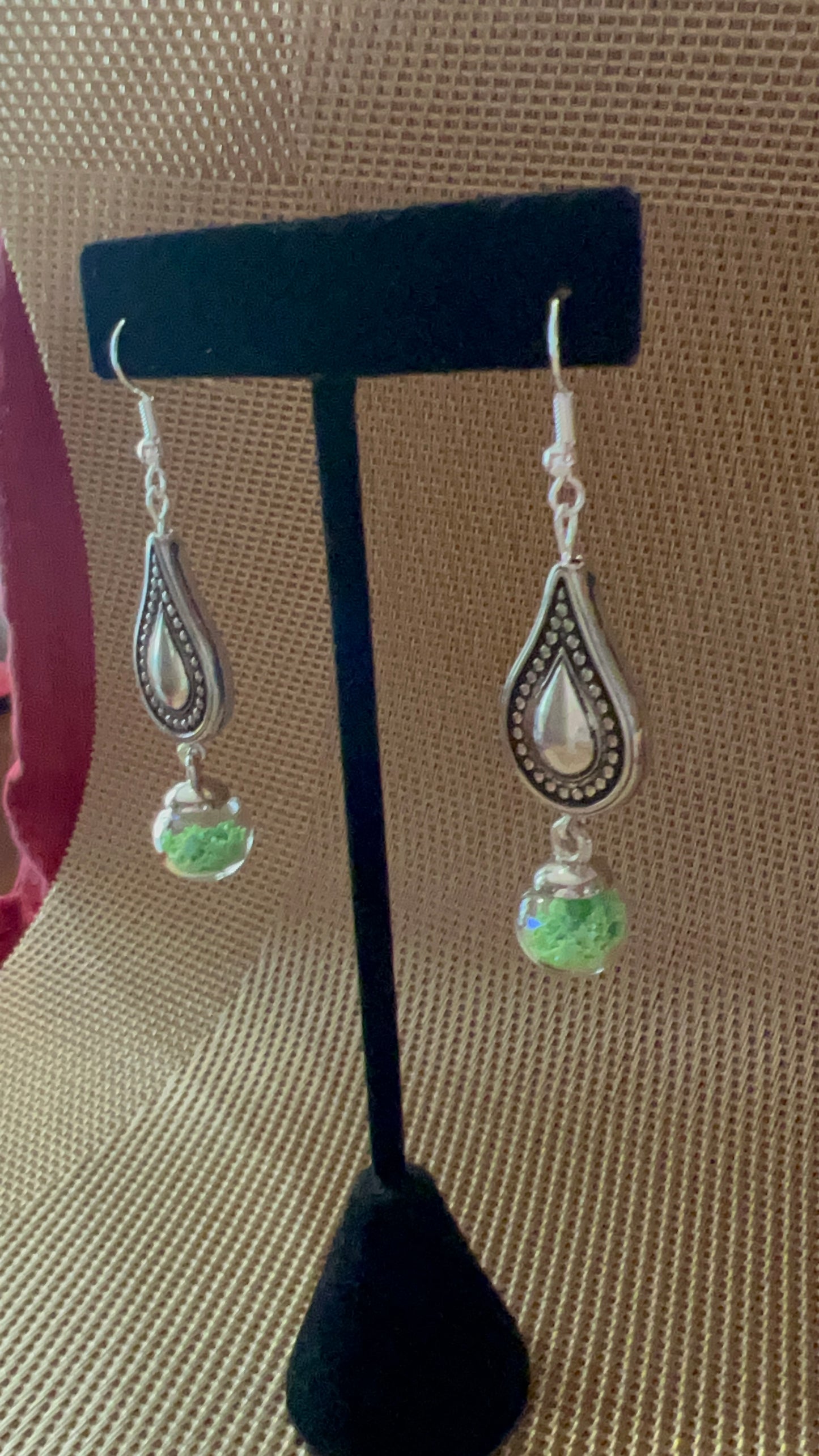 Green Star Filled Beads with Antique Silver Teardrop Earrings