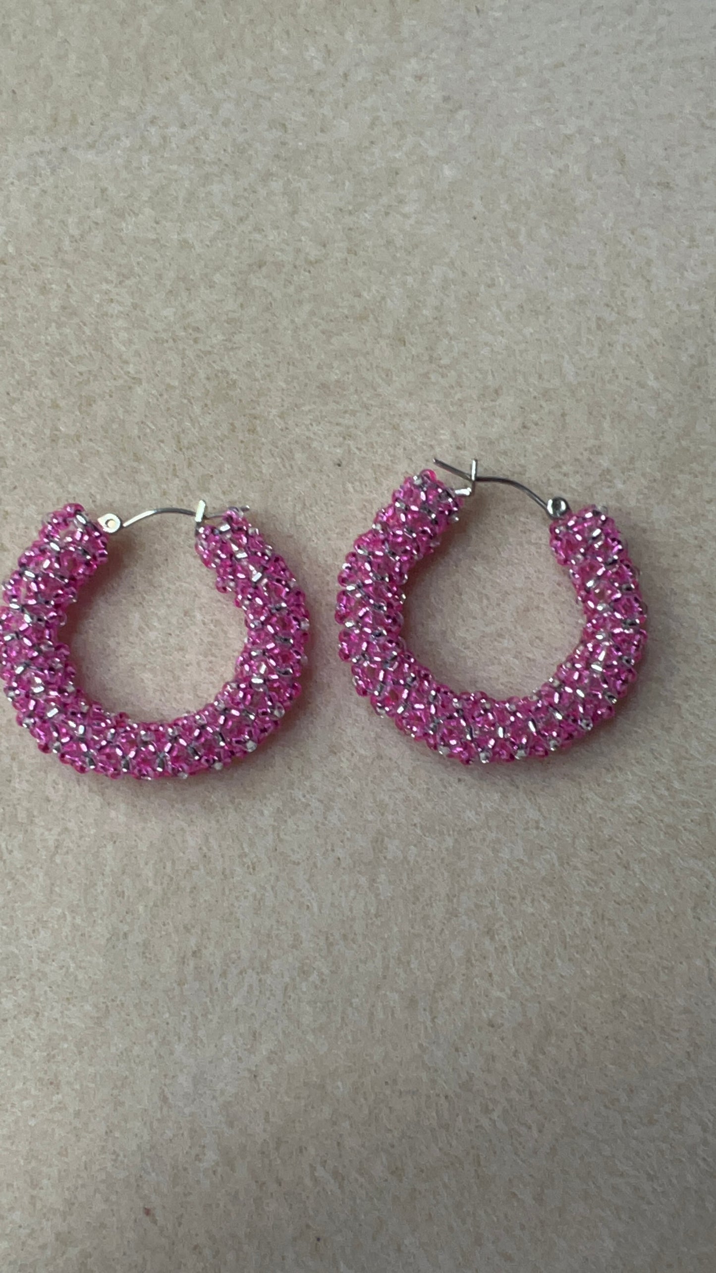 Sparkling Pink Netted Rope with silver Hoop Earrings