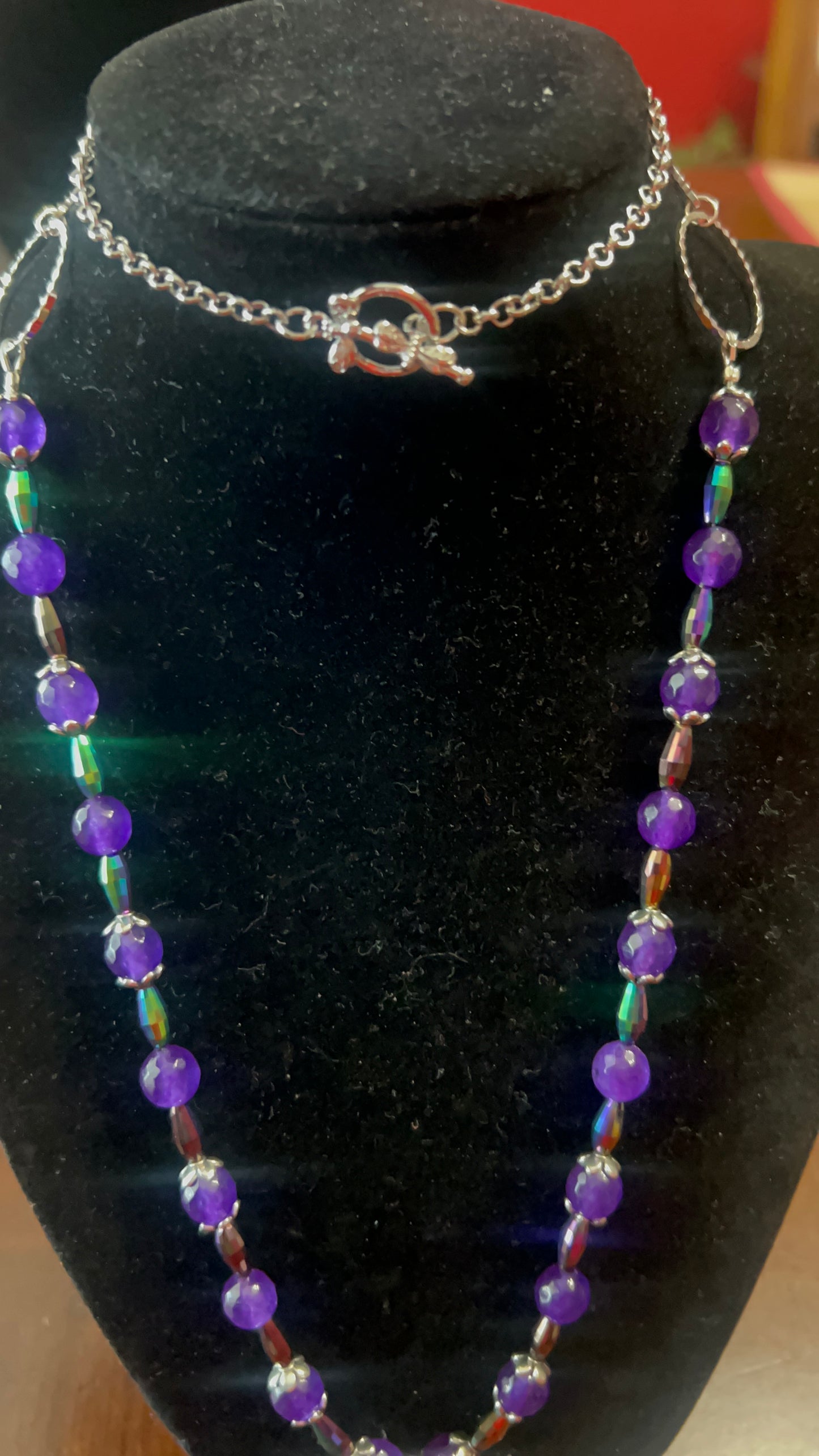 Amethyst Quartz with Amethyst Large Teardrop with Silver Chain Necklace - 29 inches with 1 1/12 inch pendant with dragonfly toggle clasp - pairs with SBDT1107 Earrings