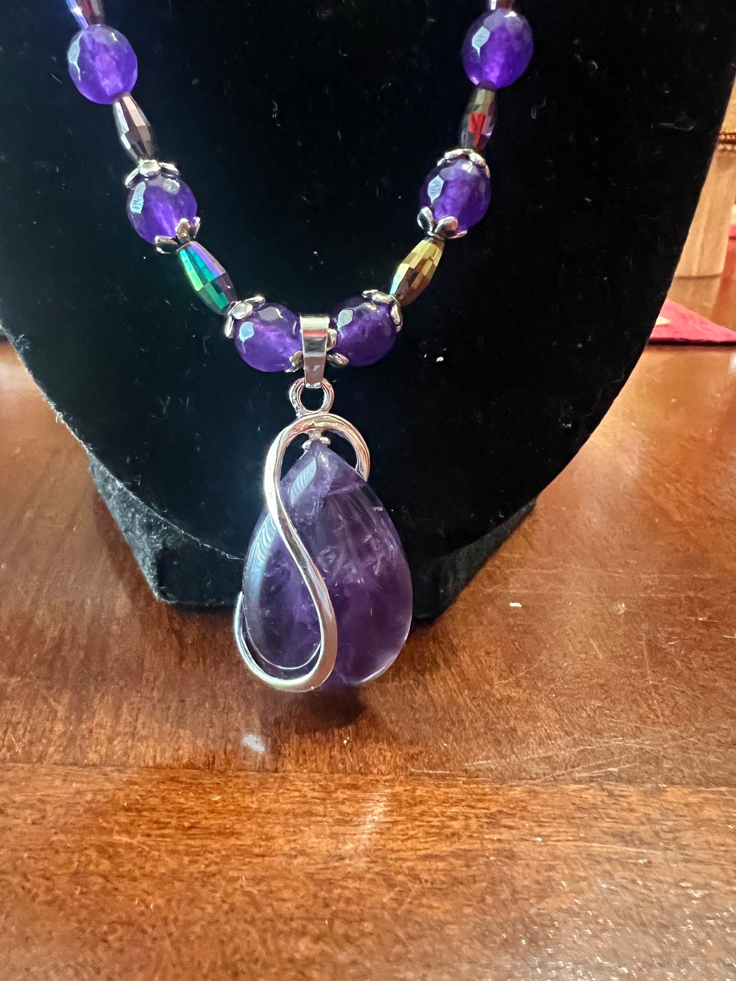 Amethyst Quartz with Amethyst Large Teardrop with Silver Chain Necklace - 29 inches with 1 1/12 inch pendant with dragonfly toggle clasp - pairs with SBDT1107 Earrings