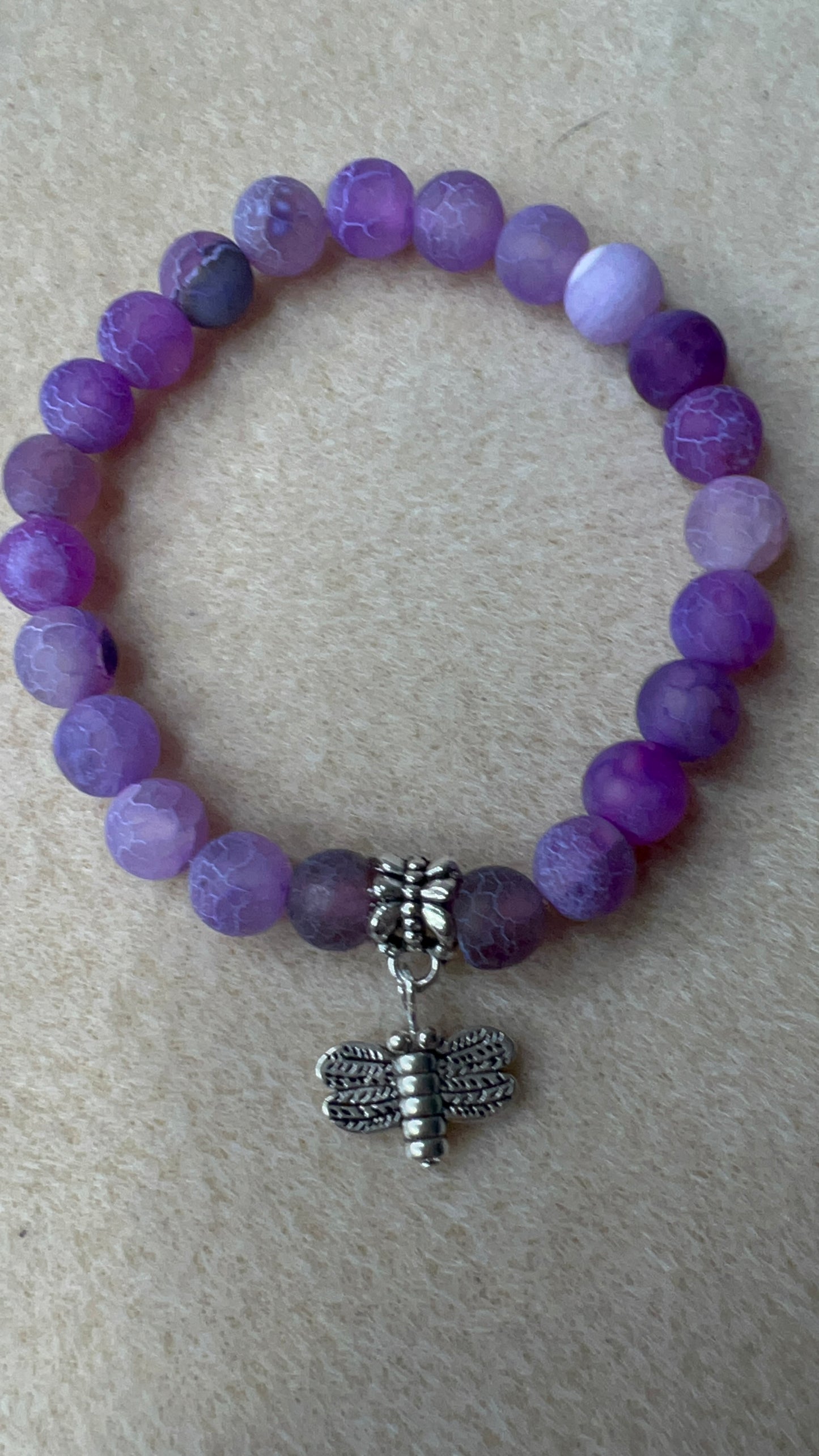 Lavender Frosted Crackle Agate 2-piece Stretch Bracelets with Dragonfly Charms