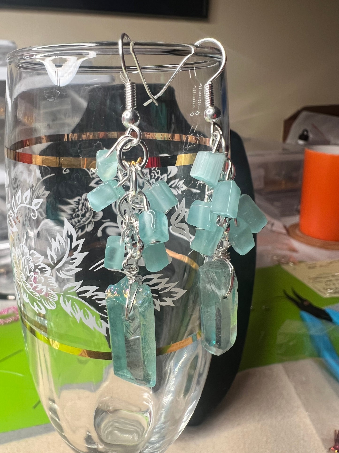 Aquamarine Quartz Crystal and Chips with silver earrings