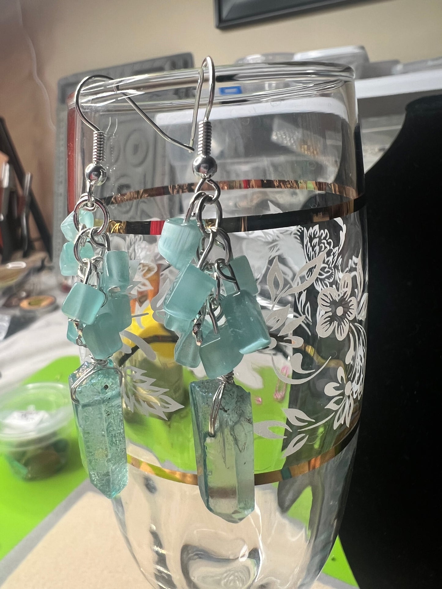 Aquamarine Quartz Crystal and Chips with silver earrings