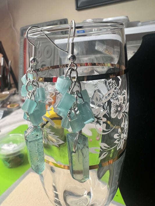 Aquamarine Quartz Crystal and Chips with silver earrings