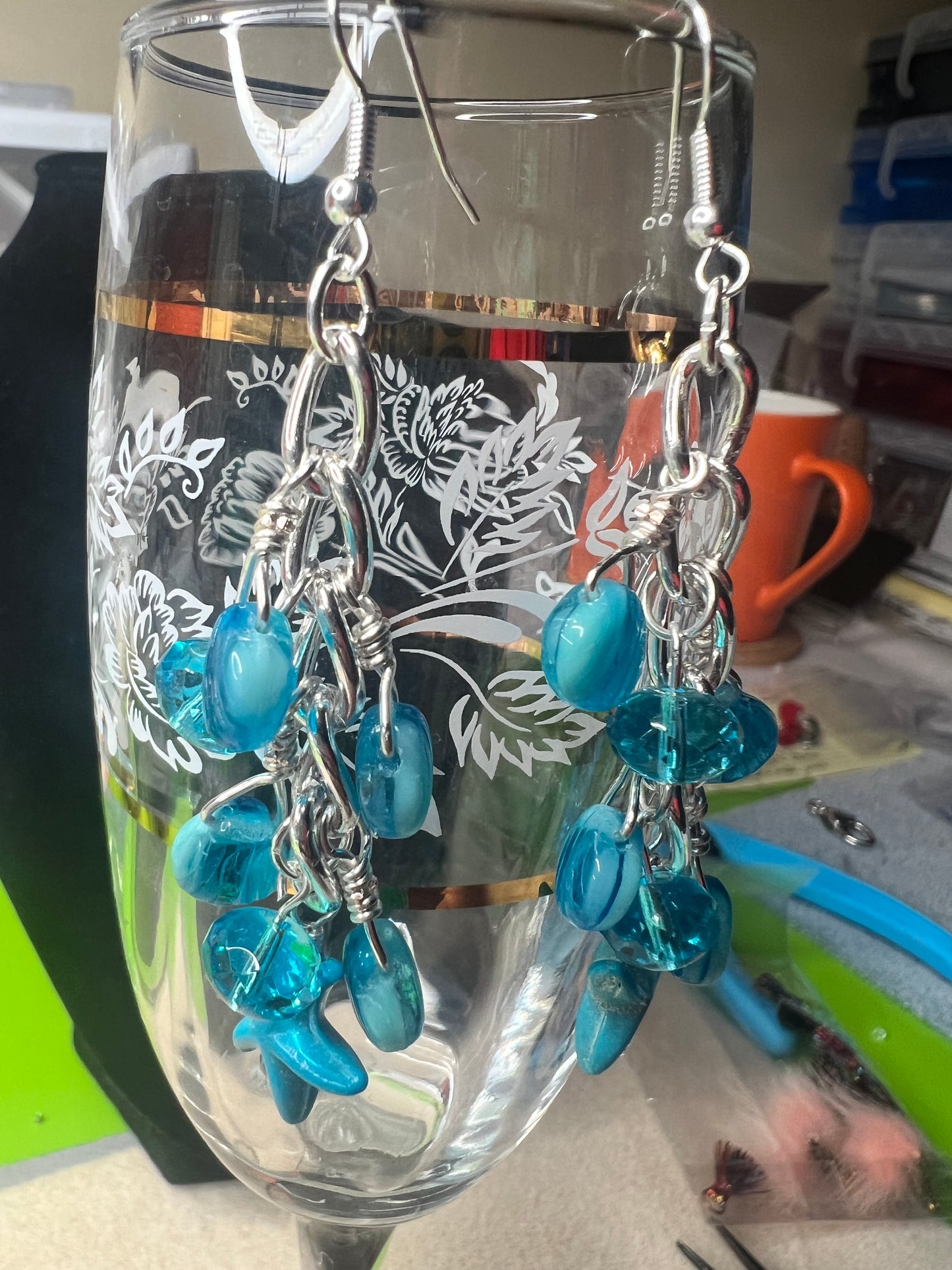 Sea Blue and Sky Blue Sea Shell and Star Fish with Silver Chain Earrings