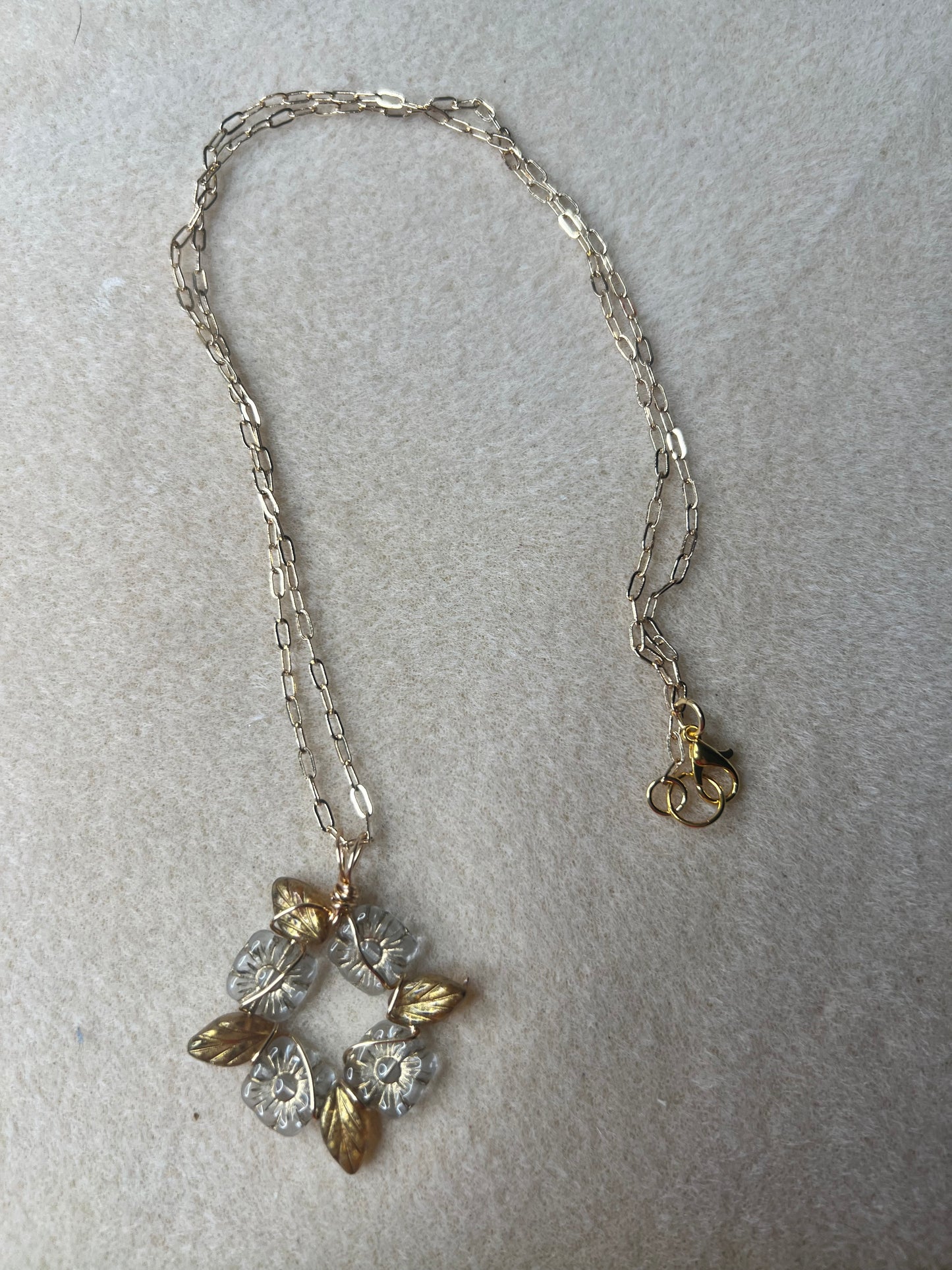 Leaf and Flower Pendant on Gold Chain Necklace - 24 inches