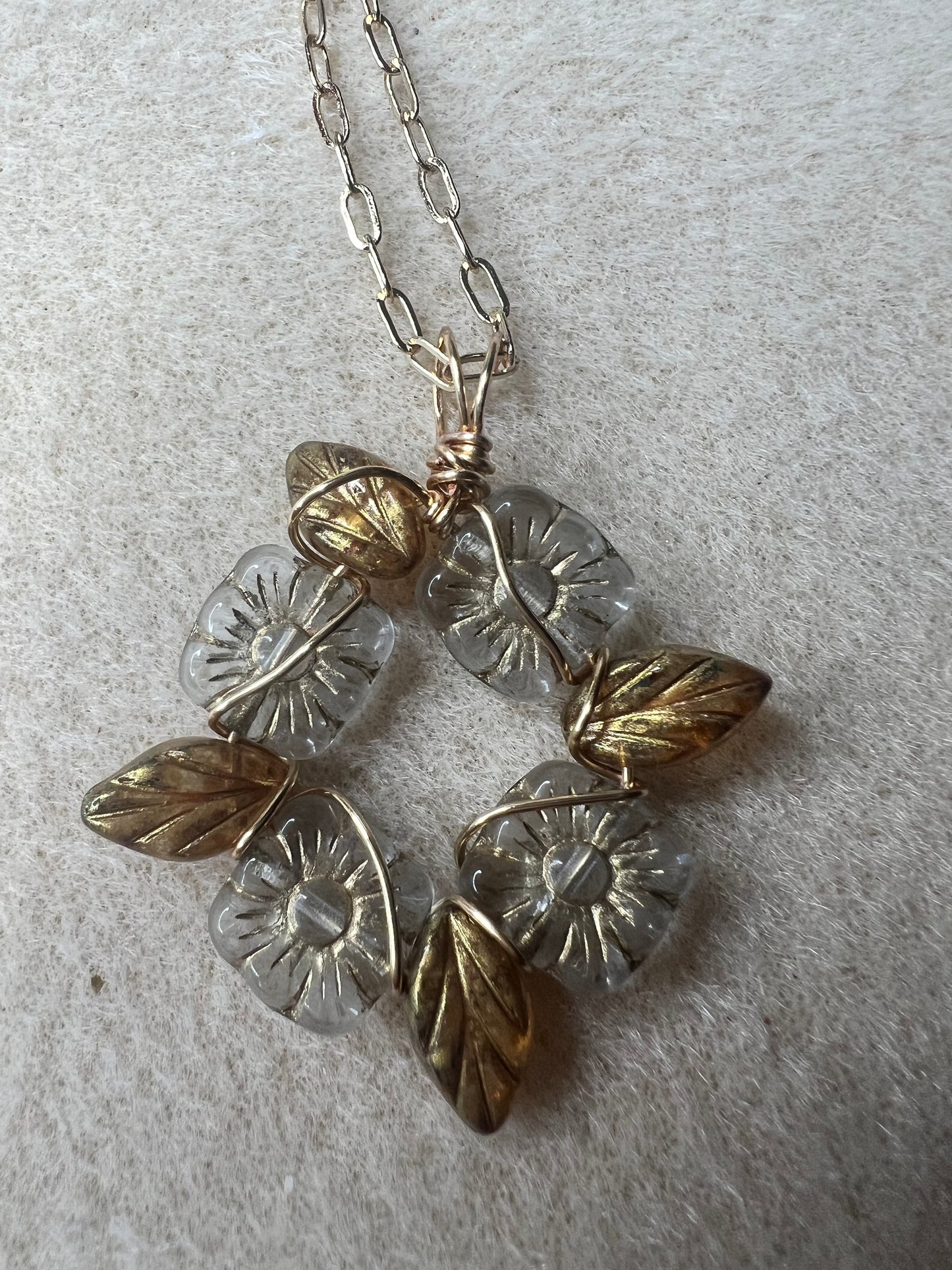 Leaf and Flower Pendant on Gold Chain Necklace - 24 inches