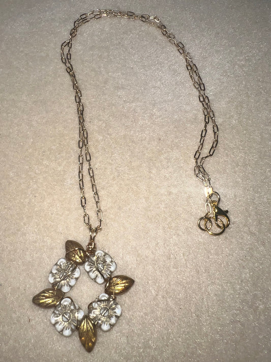 Leaf and Flower Pendant on Gold Chain Necklace - 24 inches