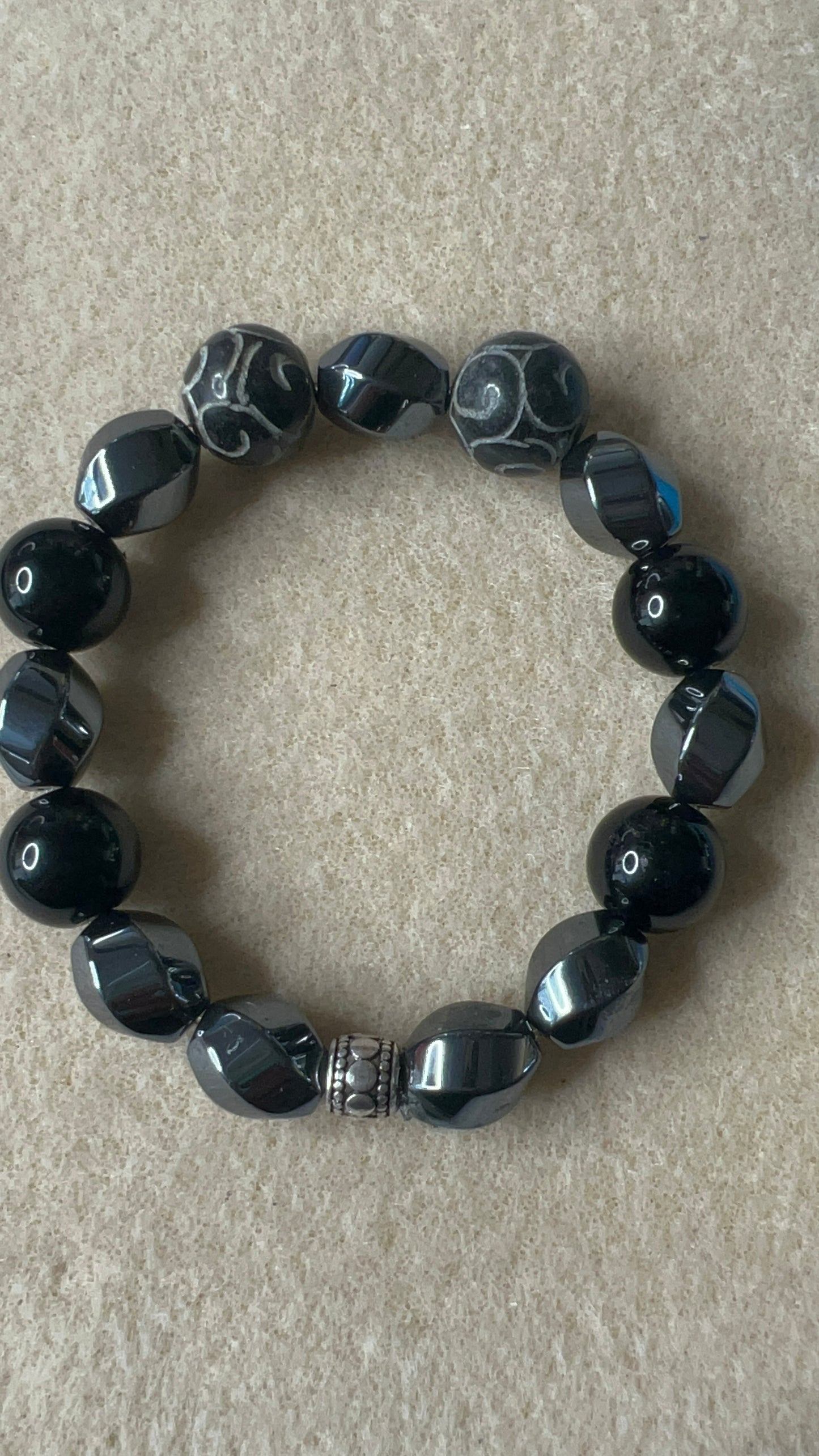 Black Jasper, Carved Jade, Hematite Twist Barrell Stretch Bracelet