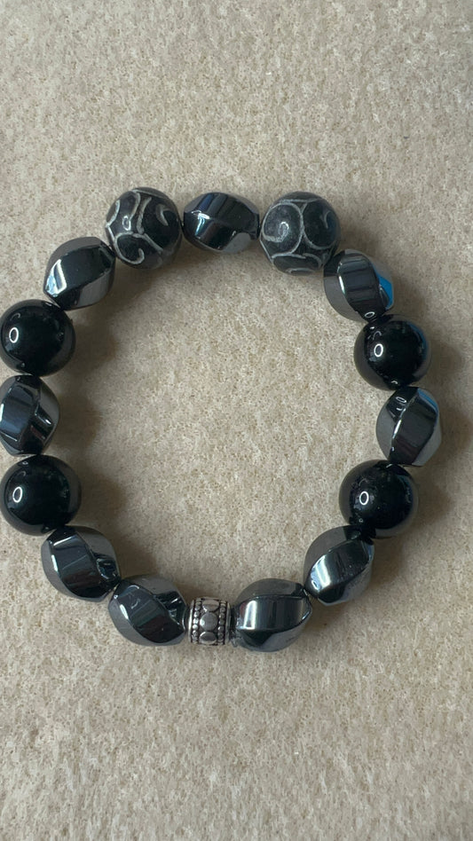 Black Jasper, Carved Jade, Hematite Twist Barrell Stretch Bracelet