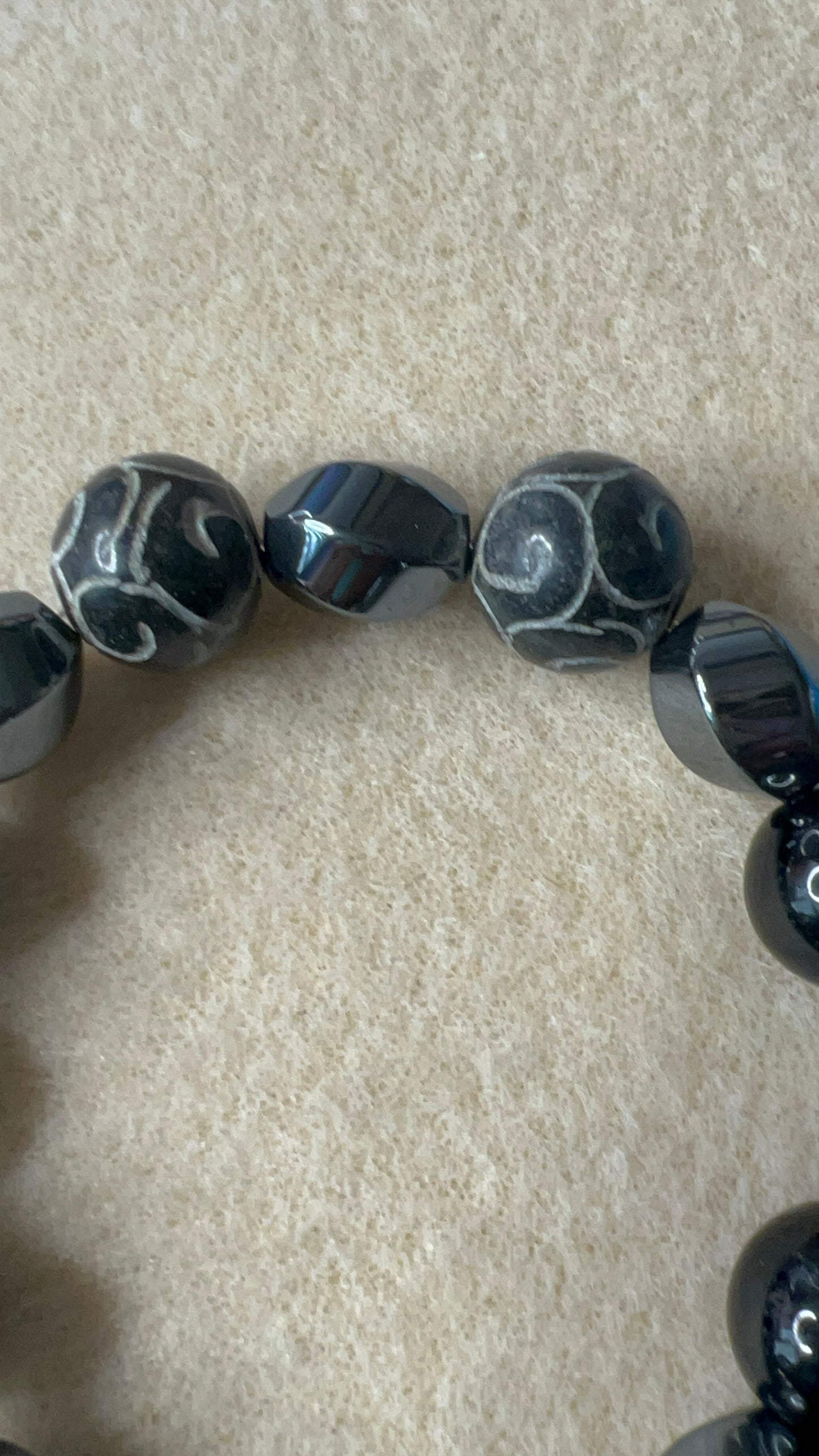 Black Jasper, Carved Jade, Hematite Twist Barrell Stretch Bracelet