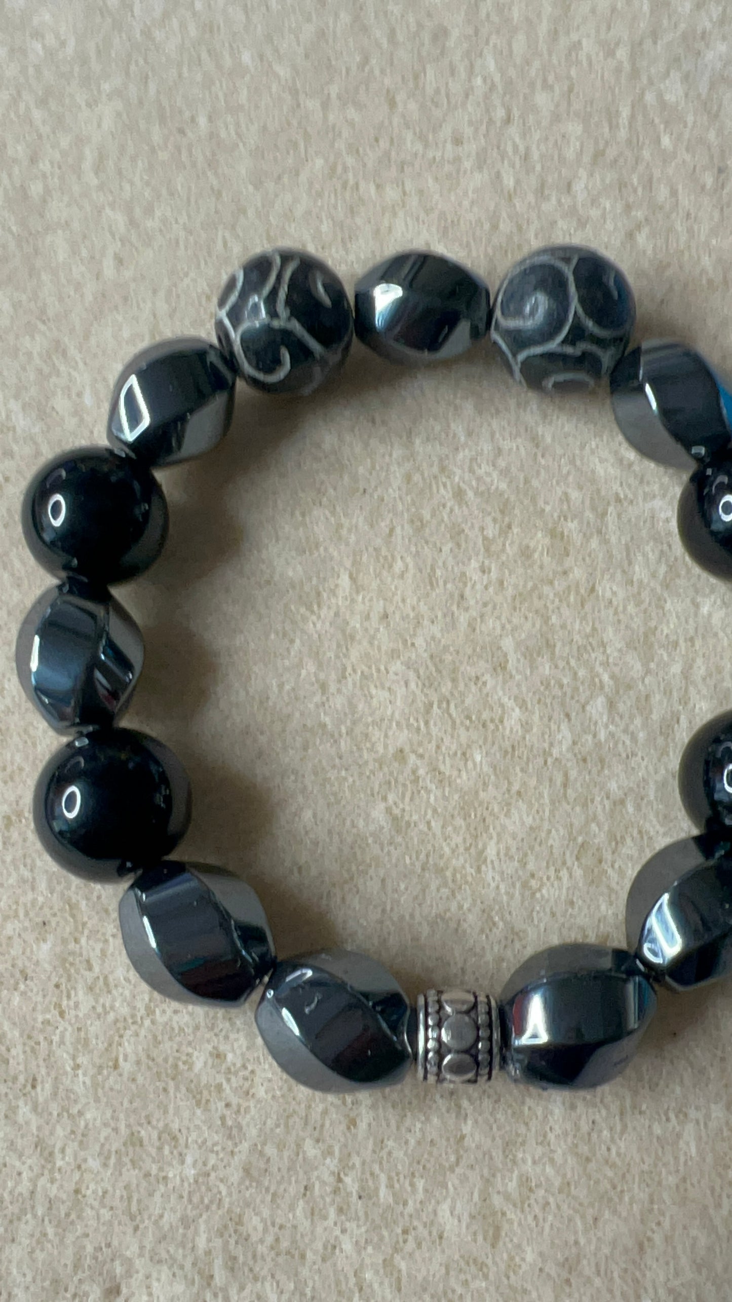 Black Jasper, Carved Jade, Hematite Twist Barrell Stretch Bracelet