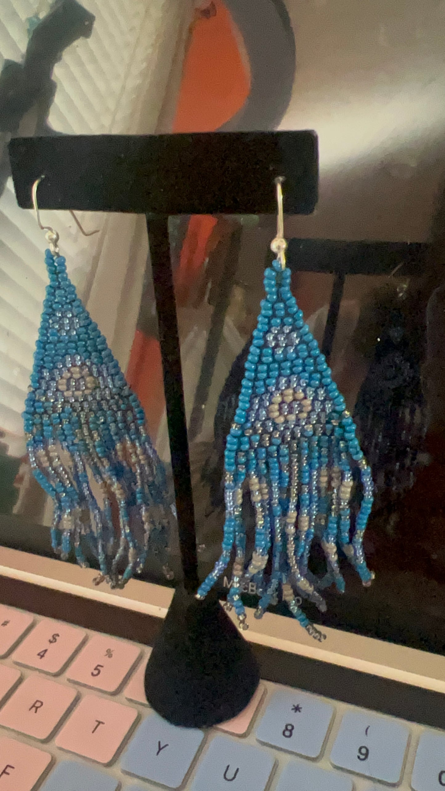 Blue and Gray Denim Fringe Earrings