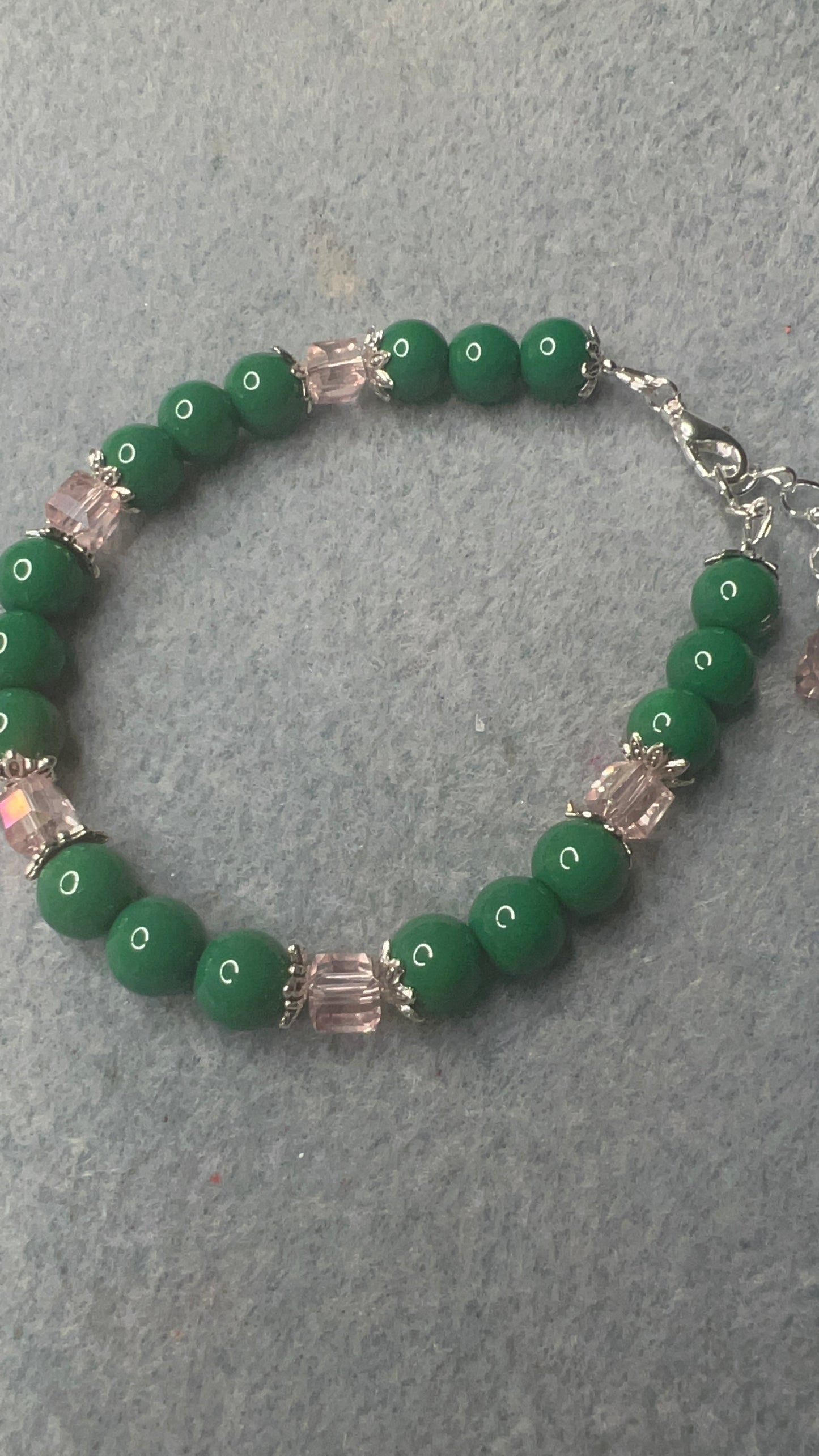 Green Pearl with Square Pink Crystals Bracelet