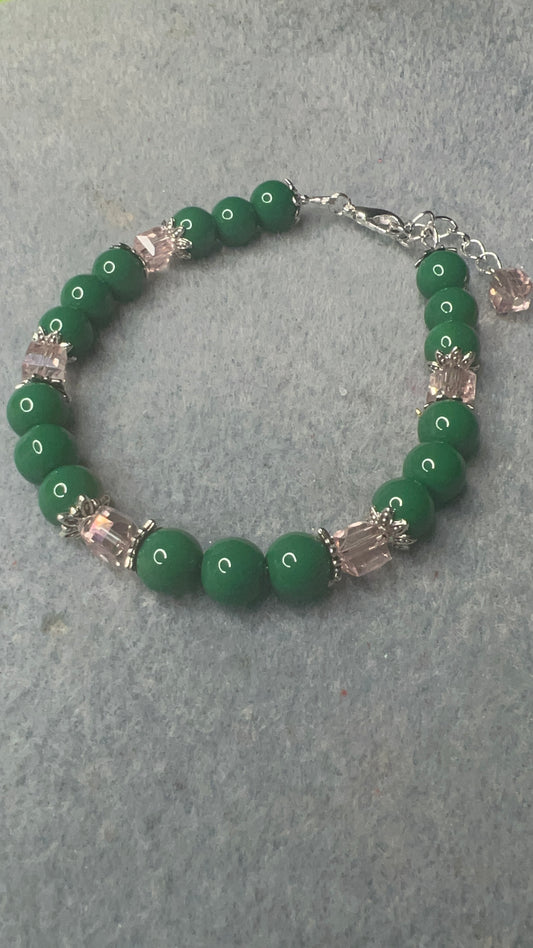 Green Pearl with Square Pink Crystals Bracelet